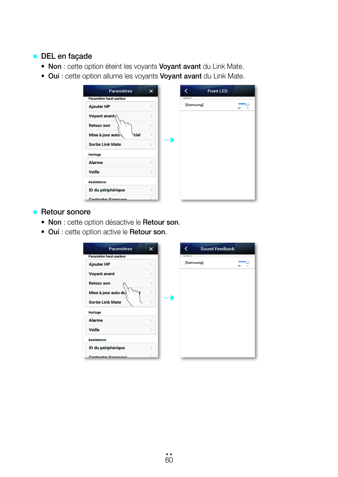 Samsung WAM270/ZF manual `` DEL en façade, `` Retour sonore 