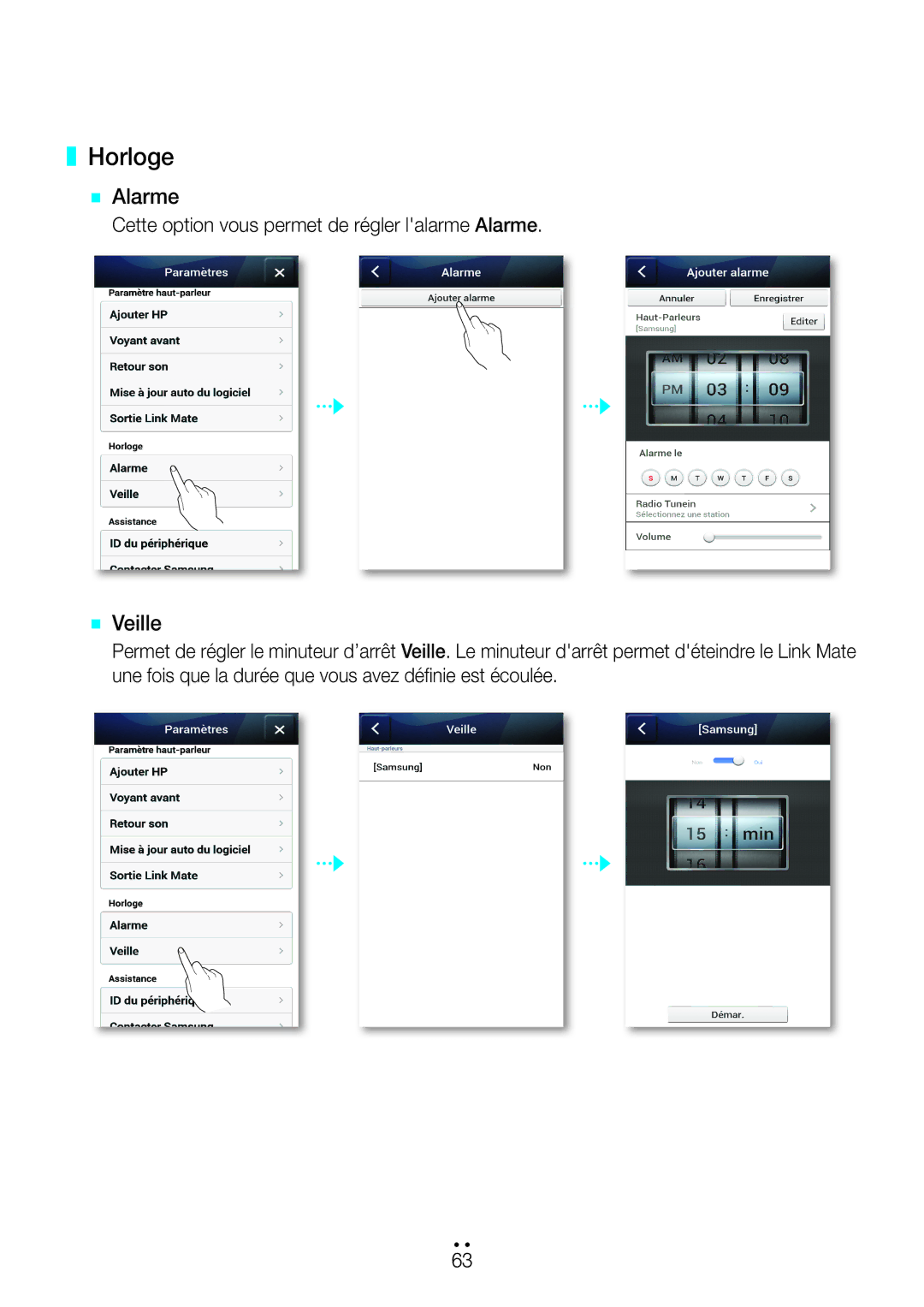 Samsung WAM270/ZF manual Horloge, `` Alarme 