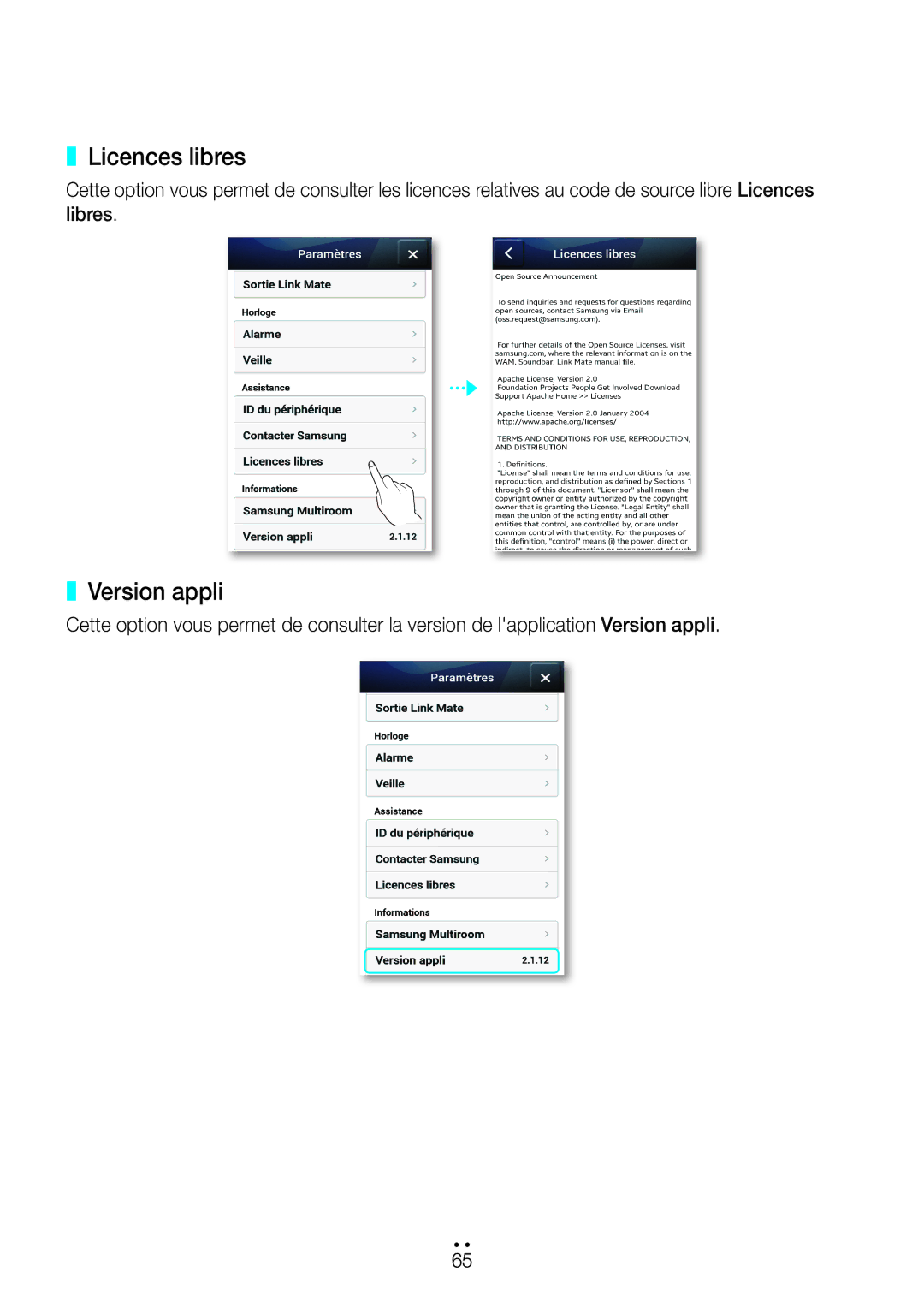 Samsung WAM270/ZF manual Licences libres, Version appli 