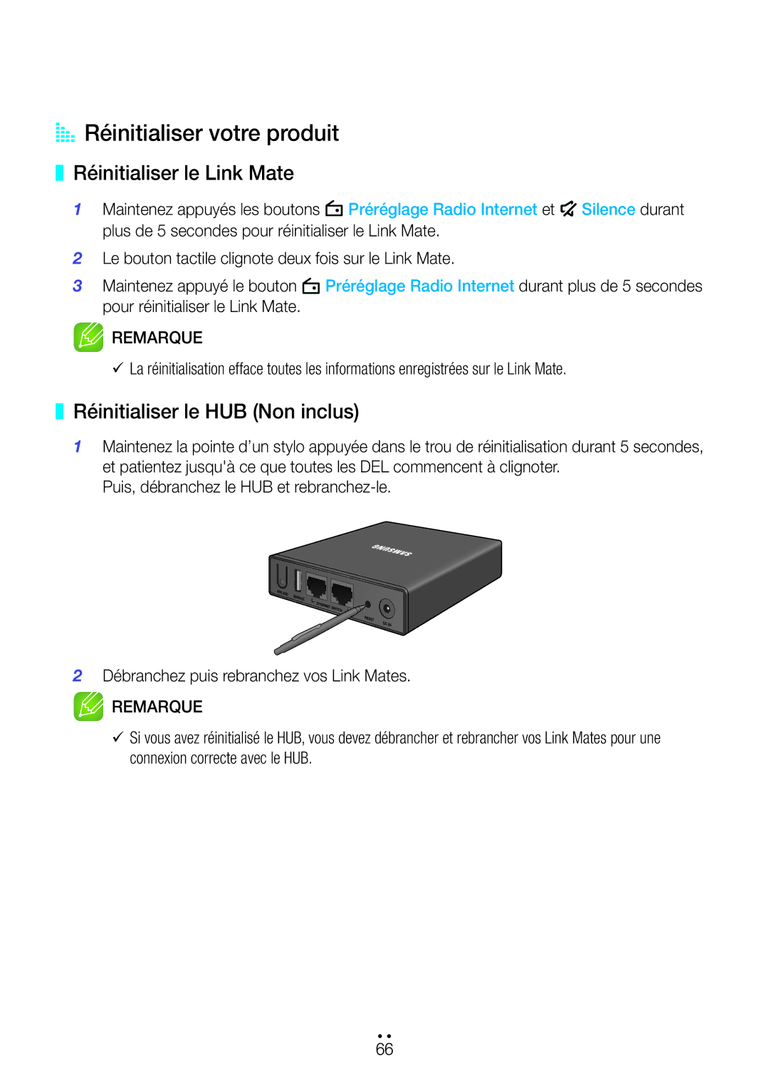 Samsung WAM270/ZF manual AA Réinitialiser votre produit, Réinitialiser le Link Mate, Réinitialiser le HUB Non inclus 