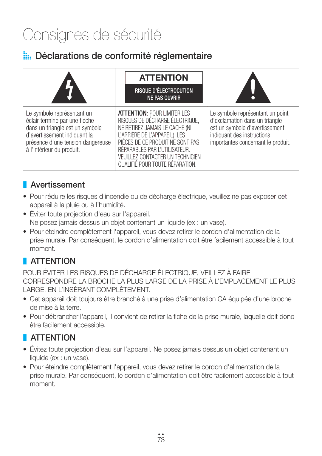 Samsung WAM270/ZF manual AA Déclarations de conformité réglementaire, Avertissement 