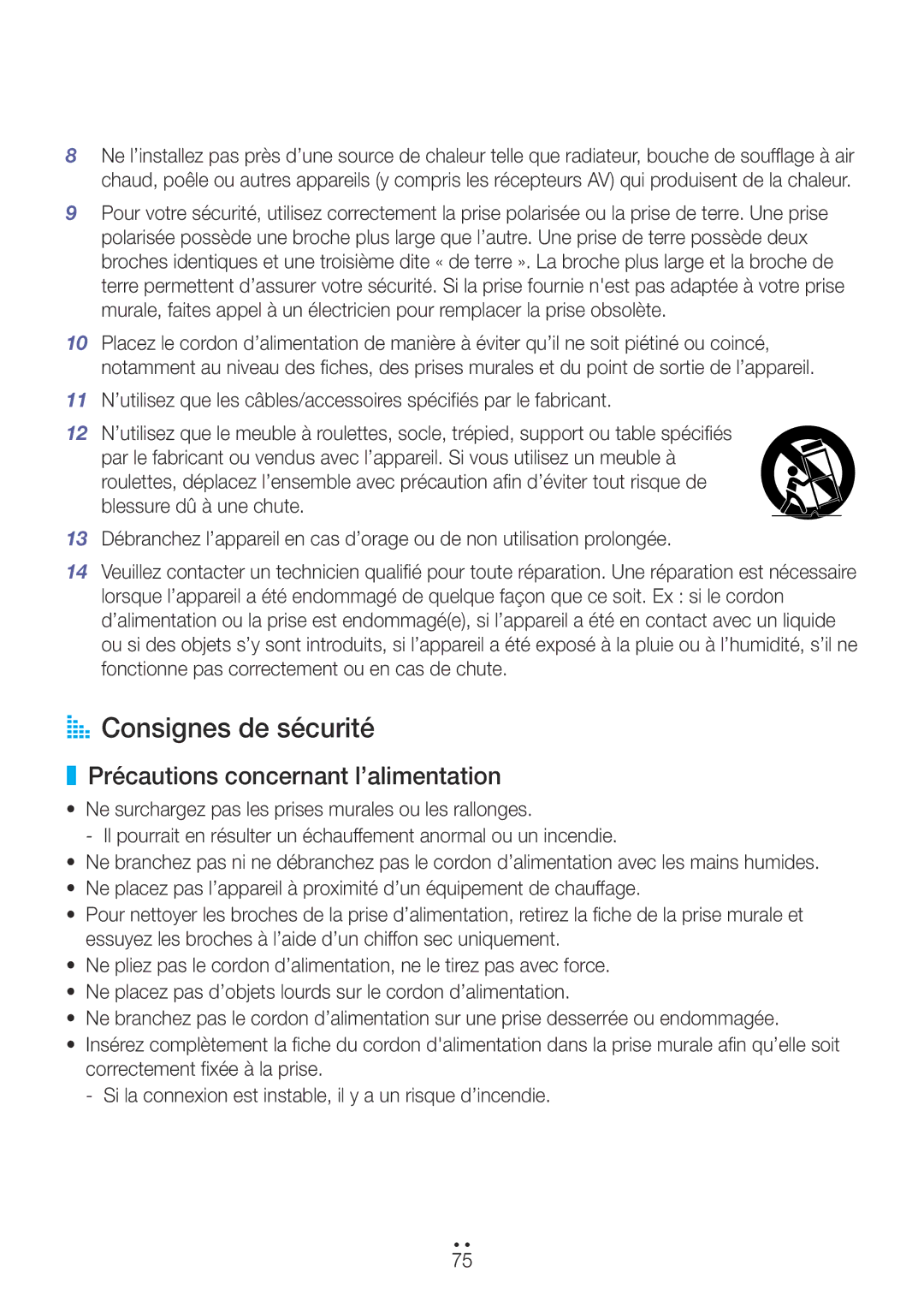 Samsung WAM270/ZF manual AA Consignes de sécurité, Précautions concernant l’alimentation 