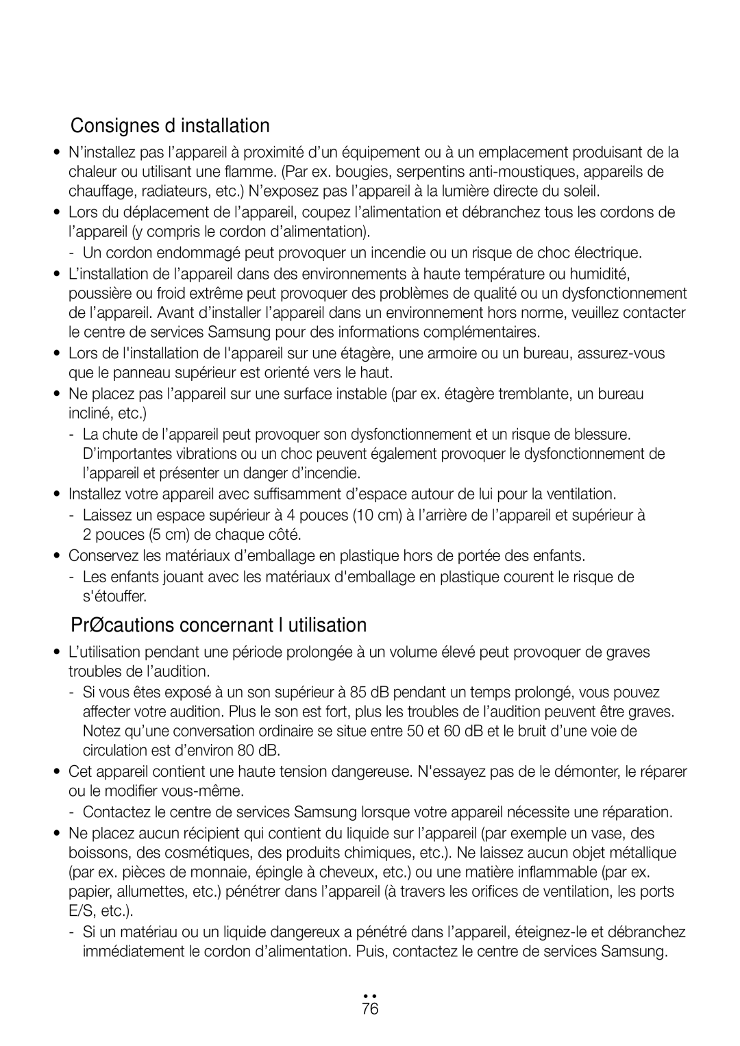 Samsung WAM270/ZF manual Consignes d’installation, Précautions concernant l’utilisation 