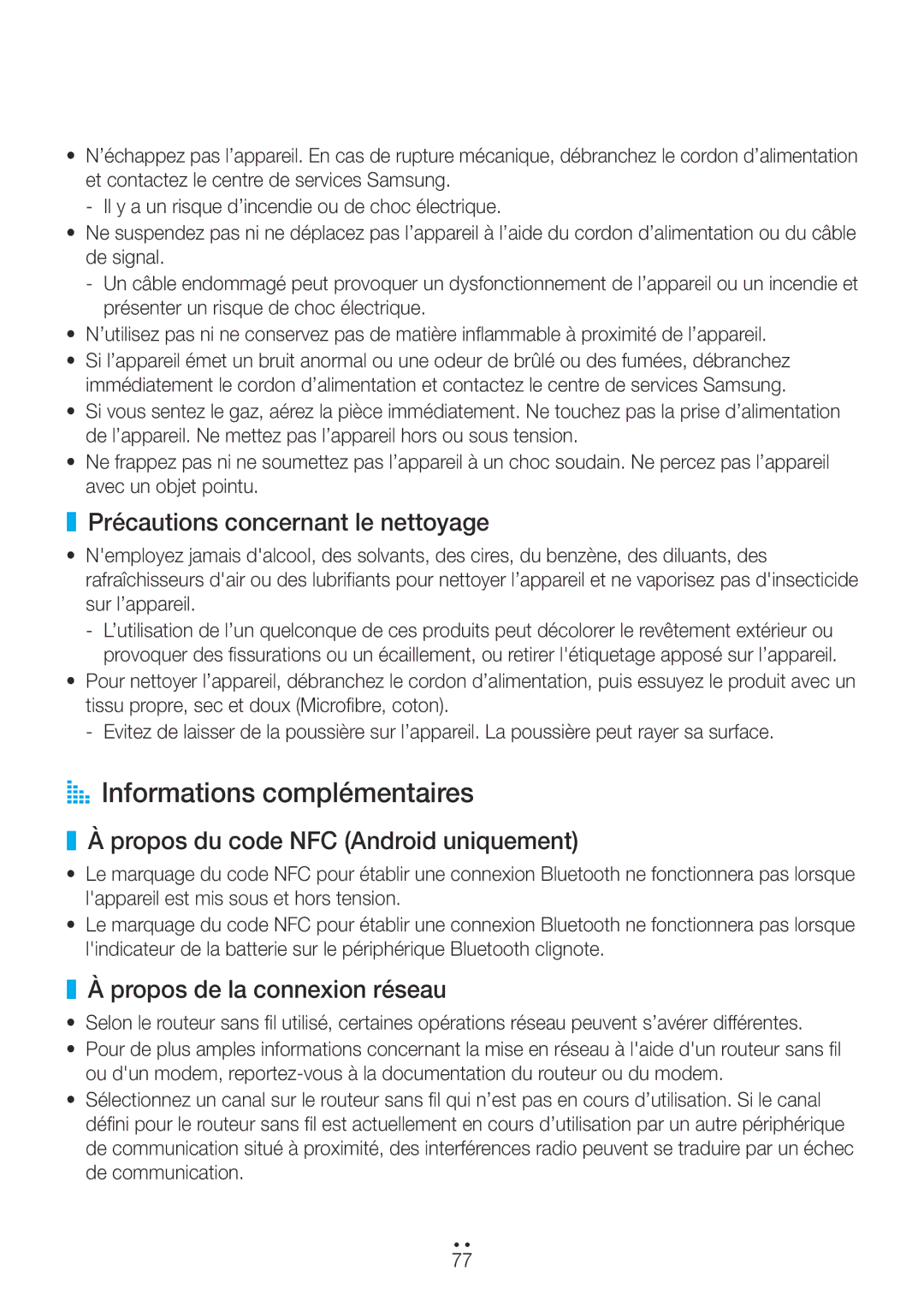 Samsung WAM270/ZF AA Informations complémentaires, Précautions concernant le nettoyage, Propos de la connexion réseau 