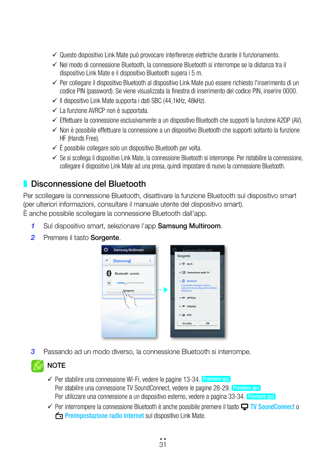 Samsung WAM270/ZF manual Disconnessione del Bluetooth 