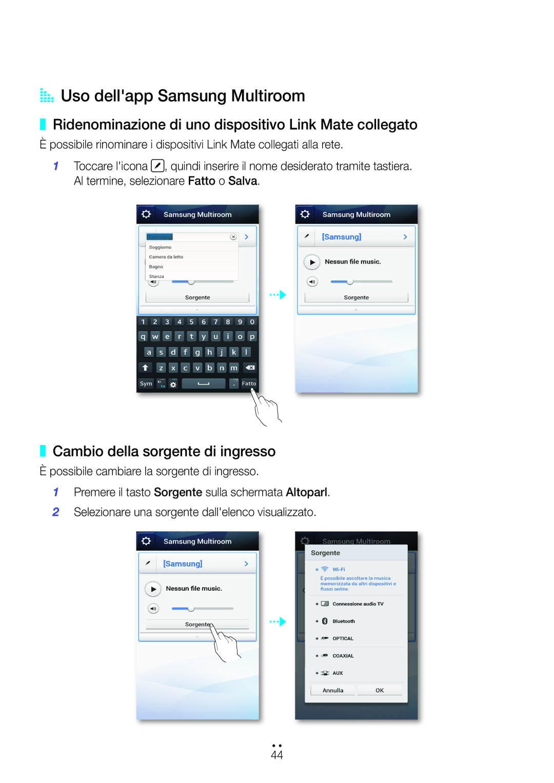 Samsung WAM270/ZF manual AA Uso dellapp Samsung Multiroom, Ridenominazione di uno dispositivo Link Mate collegato 