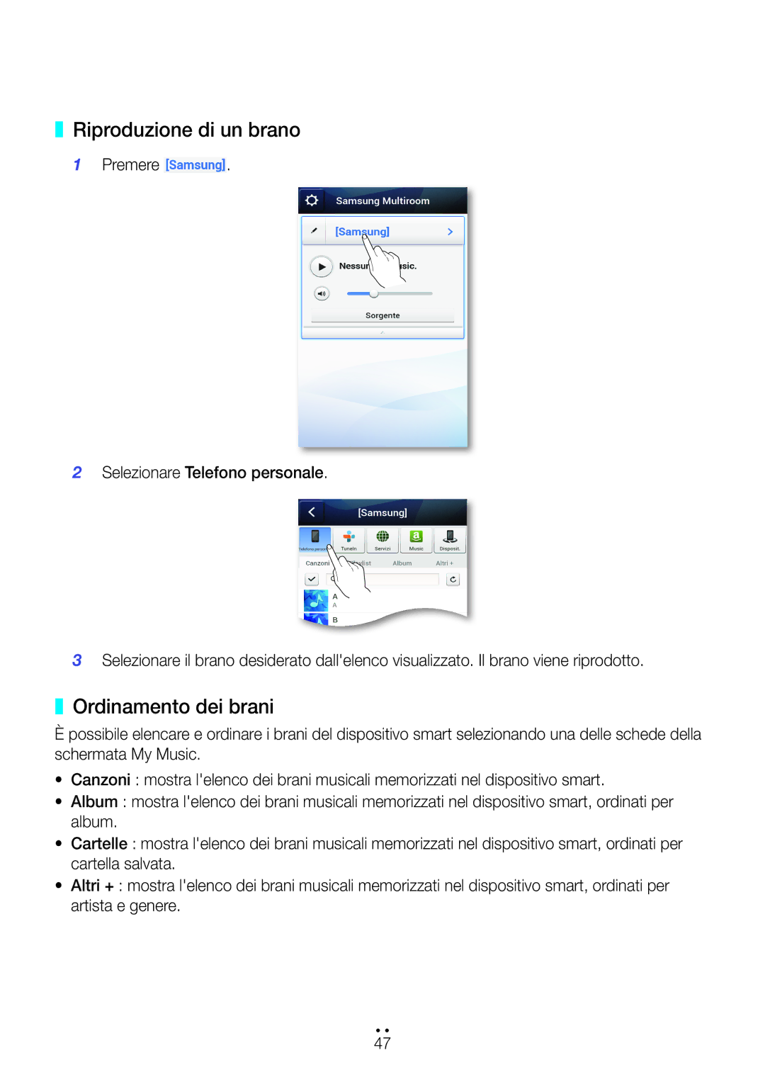 Samsung WAM270/ZF manual Riproduzione di un brano, Ordinamento dei brani 