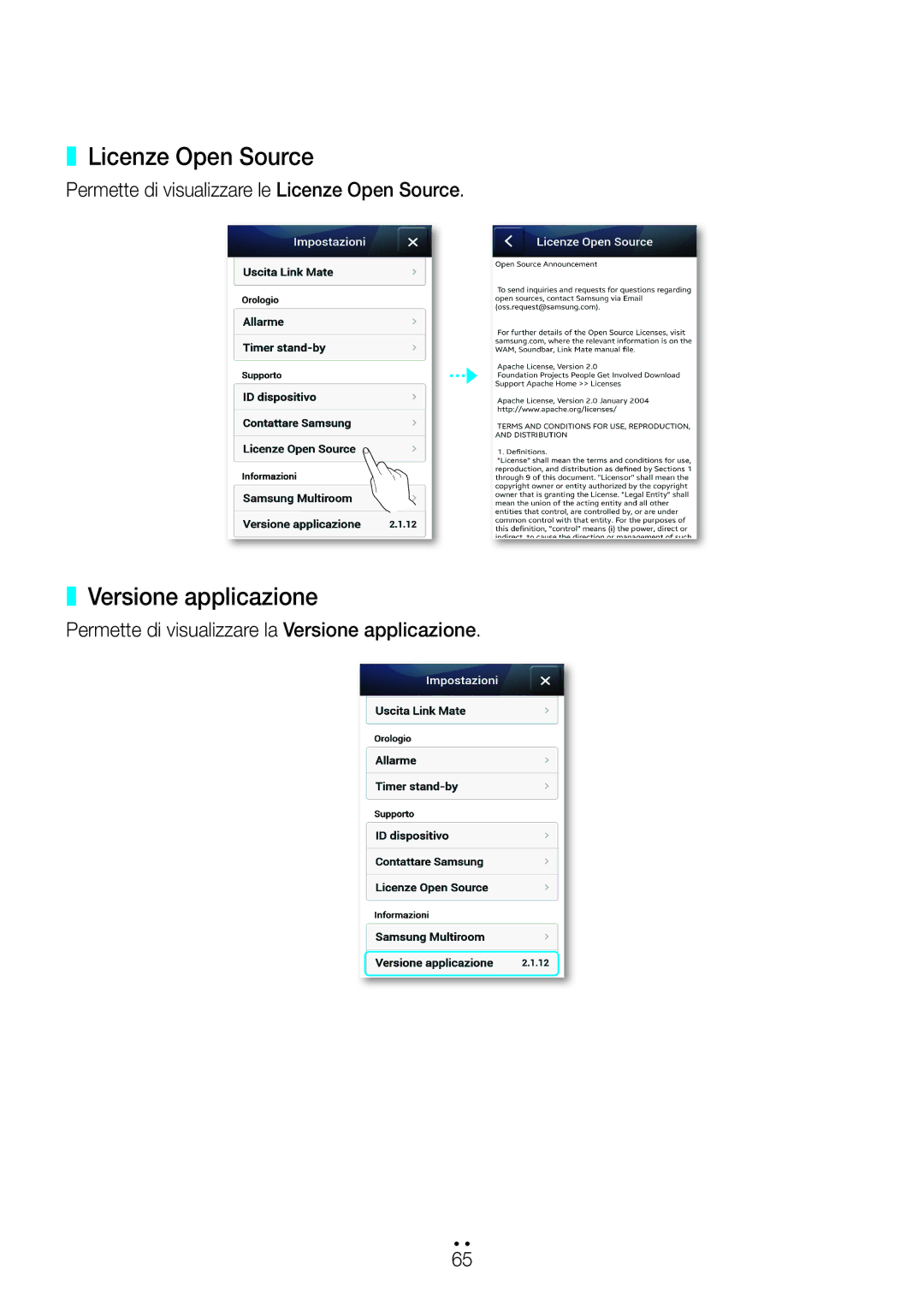 Samsung WAM270/ZF manual Versione applicazione, Permette di visualizzare le Licenze Open Source 