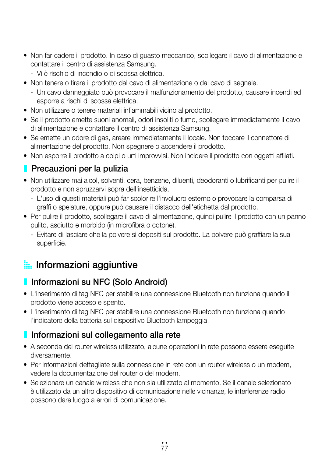 Samsung WAM270/ZF manual AA Informazioni aggiuntive, Precauzioni per la pulizia, Informazioni su NFC Solo Android 