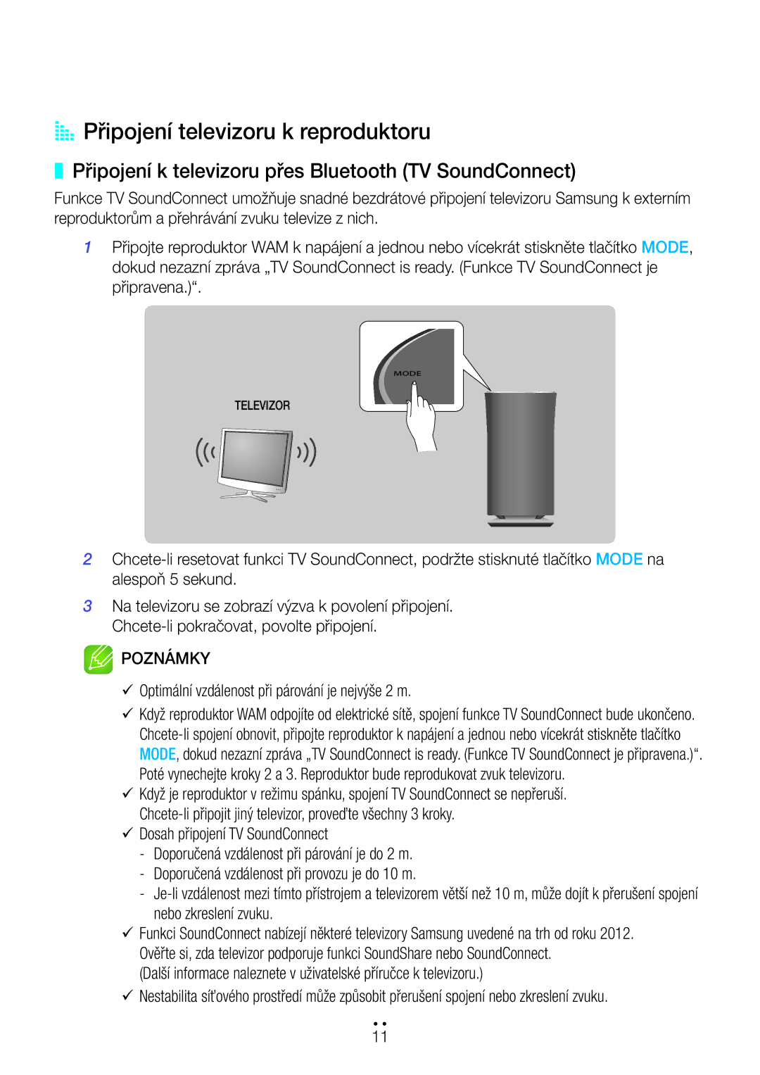 Samsung WAM3501/EN manual AA Připojení televizoru k reproduktoru, Připojení k televizoru přes Bluetooth TV SoundConnect 