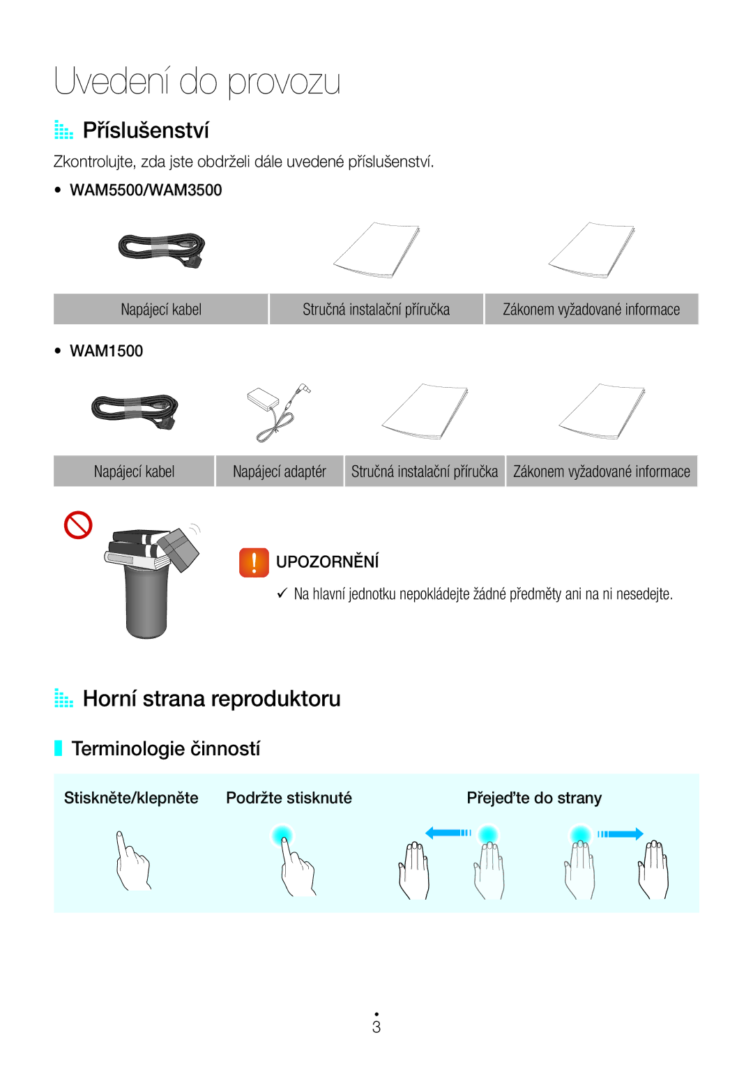 Samsung WAM3501/EN Uvedení do provozu, AA Příslušenství, AA Horní strana reproduktoru, Terminologie činností, Upozornění 