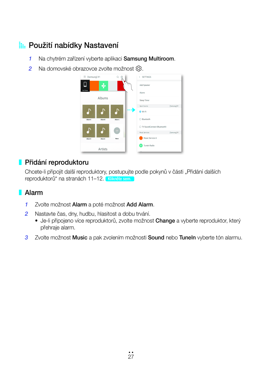 Samsung WAM3501/EN, WAM3500/EN, WAM1501/EN, WAM1500/EN, WAM5500/EN AA Použití nabídky Nastavení, Přidání reproduktoru, Alarm 
