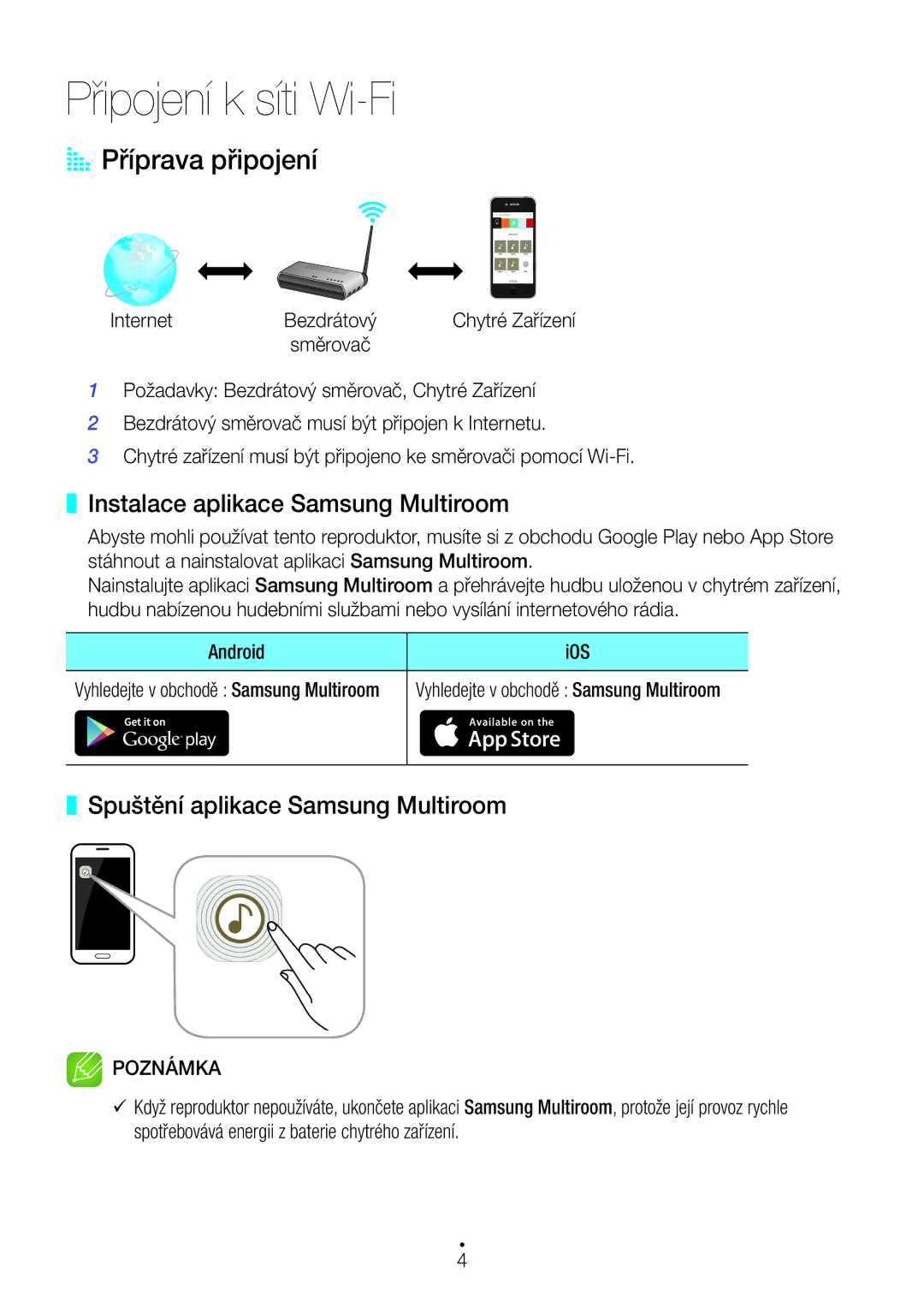 Samsung WAM5500/EN, WAM3500/EN manual Připojení k síti Wi-Fi, AA Příprava připojení, Instalace aplikace Samsung Multiroom 