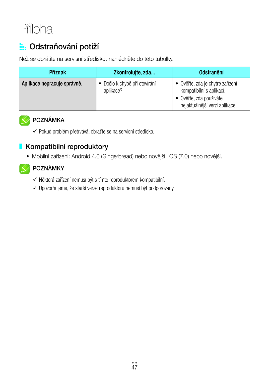 Samsung WAM3501/XN, WAM3500/EN, WAM1501/EN, WAM1500/EN, WAM3501/EN Příloha, AA Odstraňování potíží, Kompatibilní reproduktory 