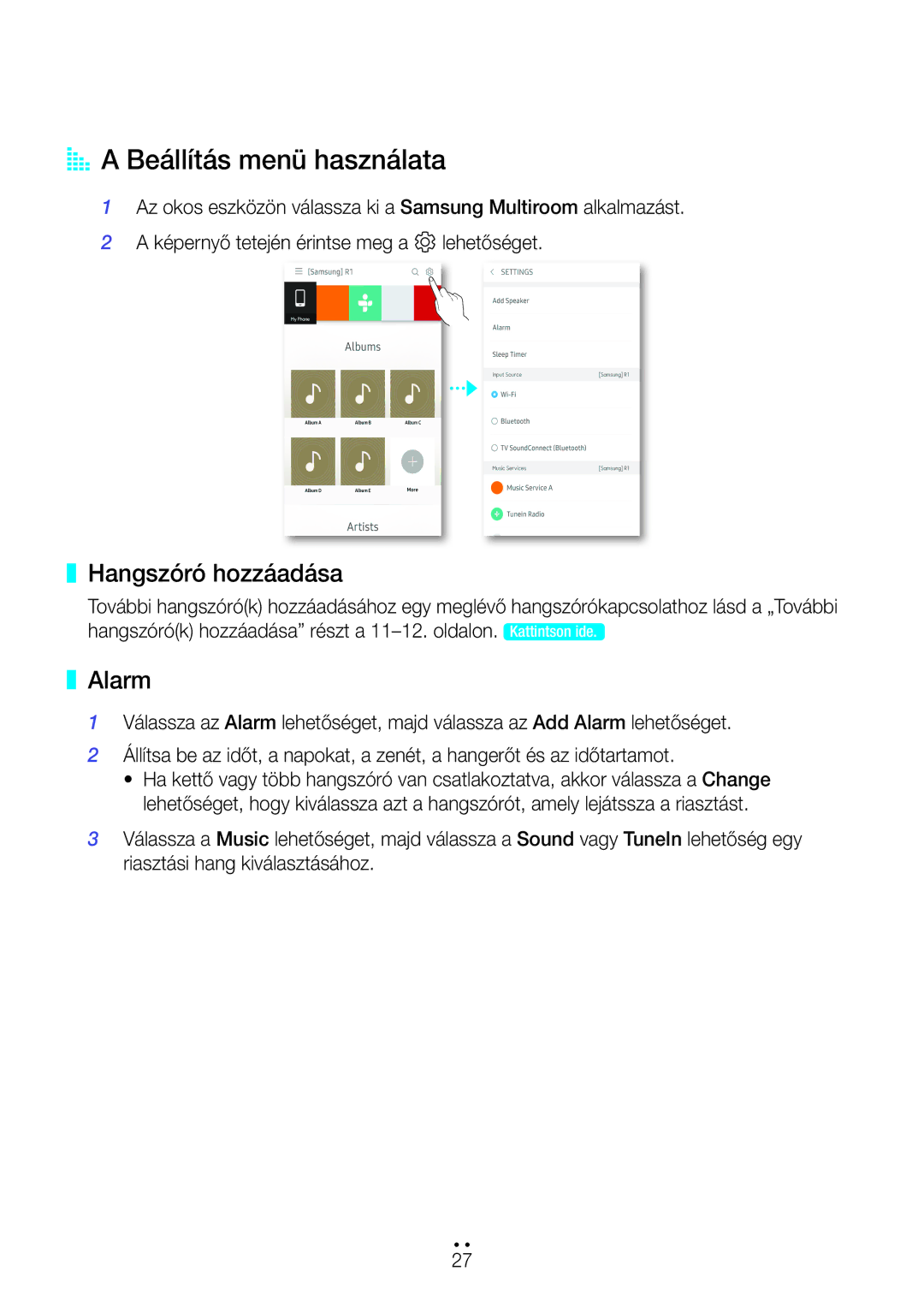 Samsung WAM3500/EN, WAM1501/EN, WAM1500/EN, WAM3501/EN manual AA a Beállítás menü használata, Hangszóró hozzáadása, Alarm 