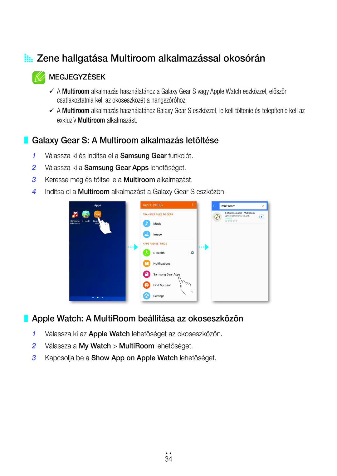 Samsung WAM3501/XN AA Zene hallgatása Multiroom alkalmazással okosórán, Galaxy Gear S a Multiroom alkalmazás letöltése 