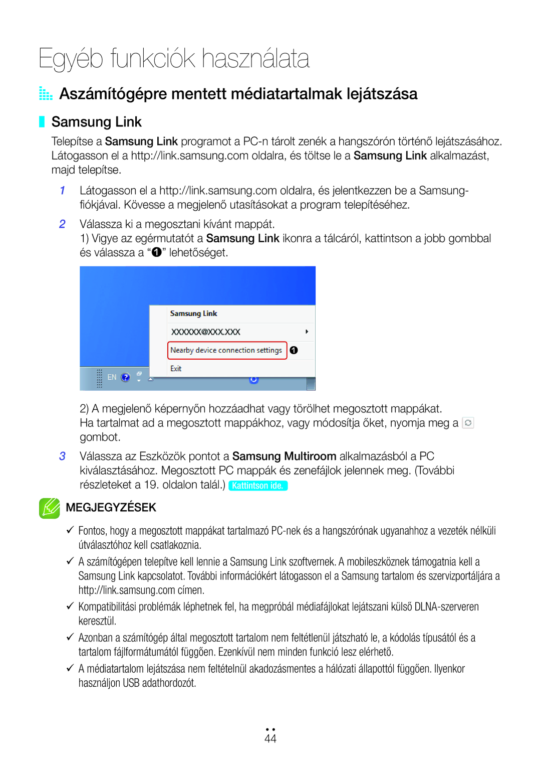 Samsung WAM1501/XN, WAM3500/EN, WAM1501/EN, WAM1500/EN manual AA Aszámítógépre mentett médiatartalmak lejátszása, Samsung Link 