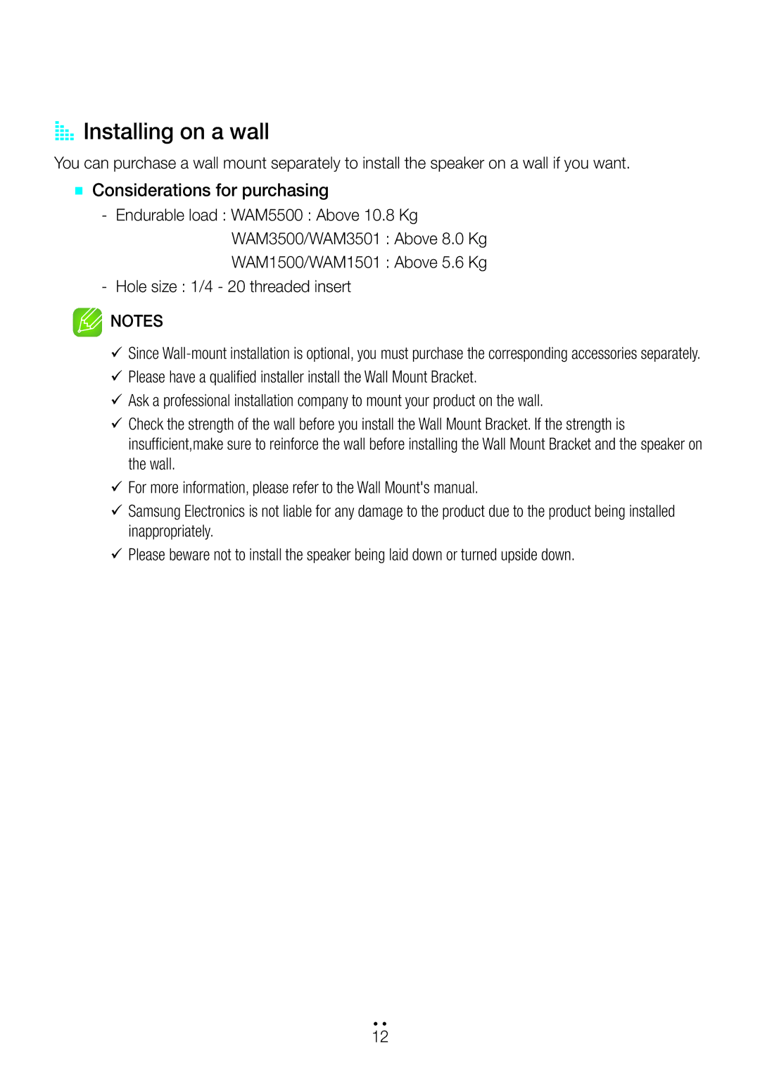 Samsung WAM1500/XE, WAM3500/EN, WAM1501/EN, WAM1500/EN, WAM3501/EN AA Installing on a wall, `` Considerations for purchasing 