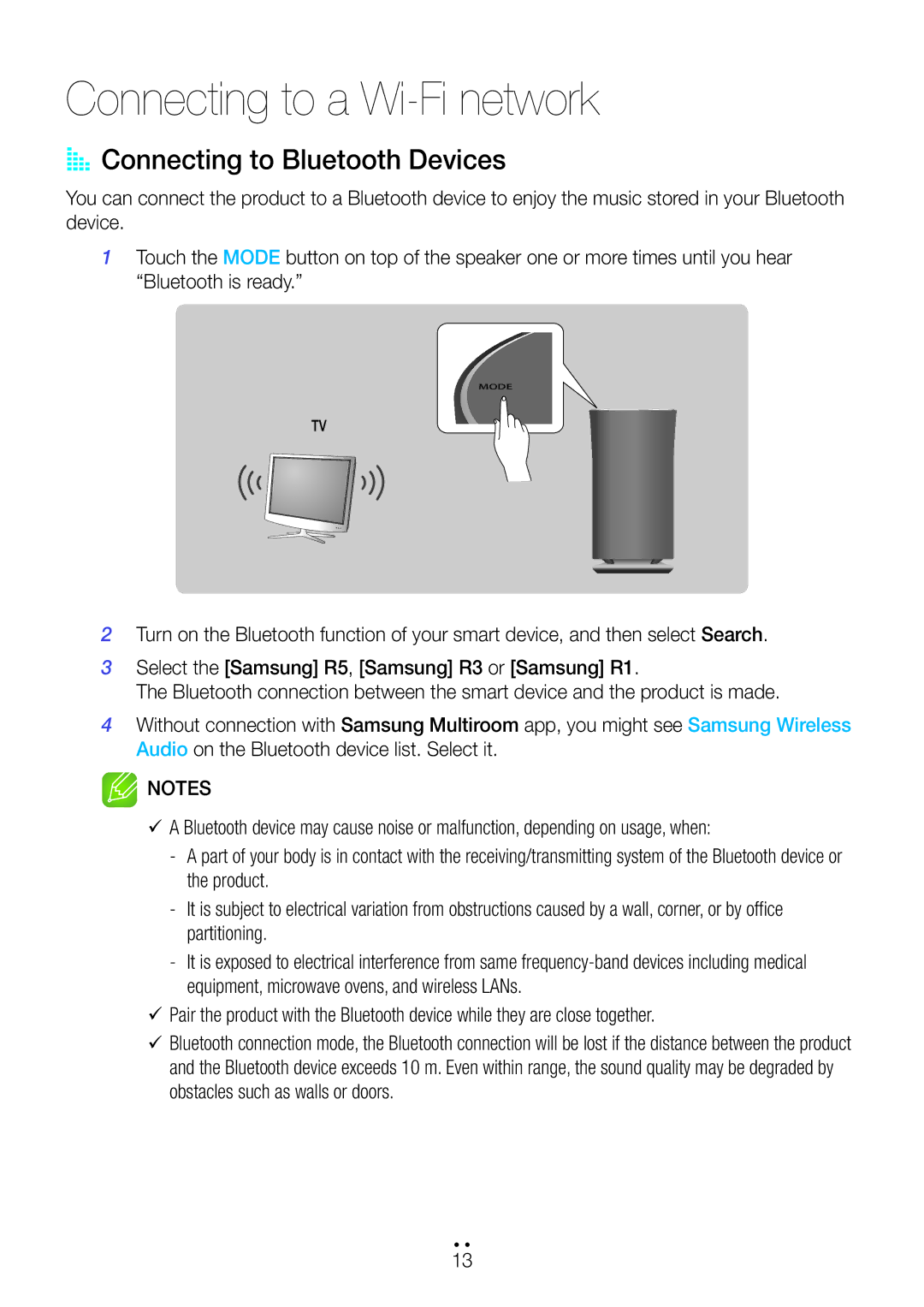 Samsung WAM3500/XE, WAM3500/EN, WAM1501/EN, WAM1500/EN Connecting to a Wi-Fi network, AA Connecting to Bluetooth Devices 