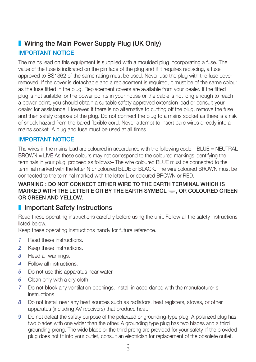 Samsung WAM3501/EN, WAM3500/EN, WAM1501/EN manual Wiring the Main Power Supply Plug UK Only, Important Safety Instructions 