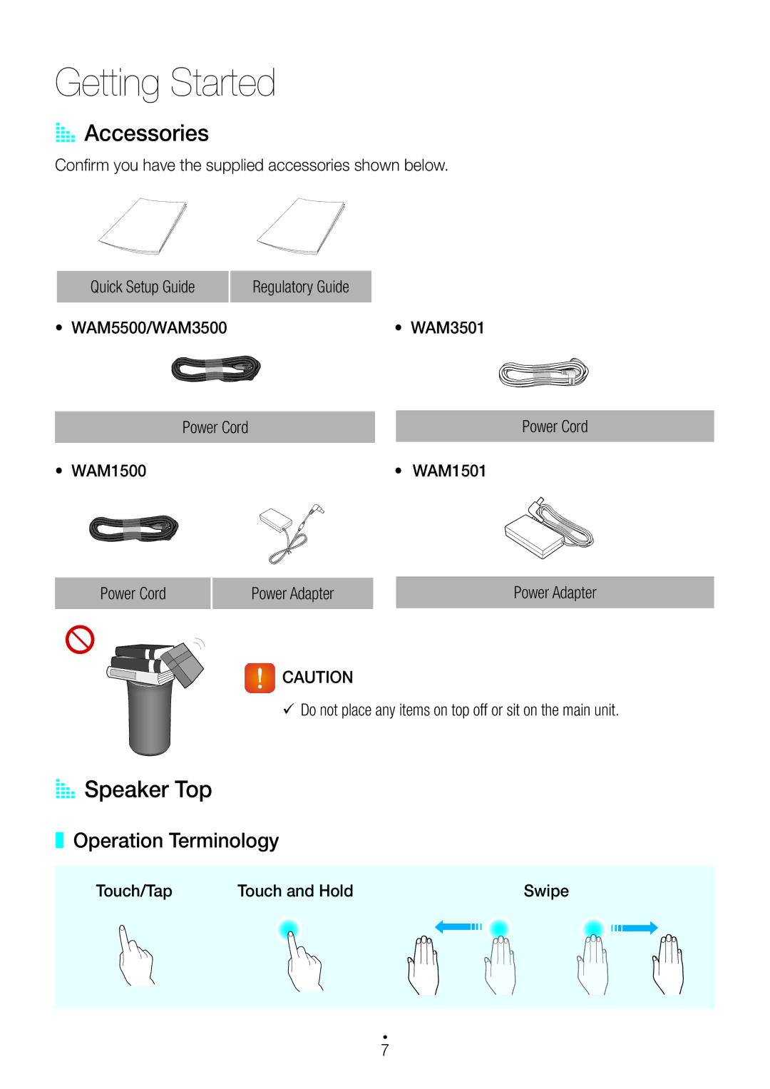 Samsung WAM3500/XN Getting Started, AA Accessories, AA Speaker Top, Operation Terminology, Touch/Tap Touch and Hold Swipe 