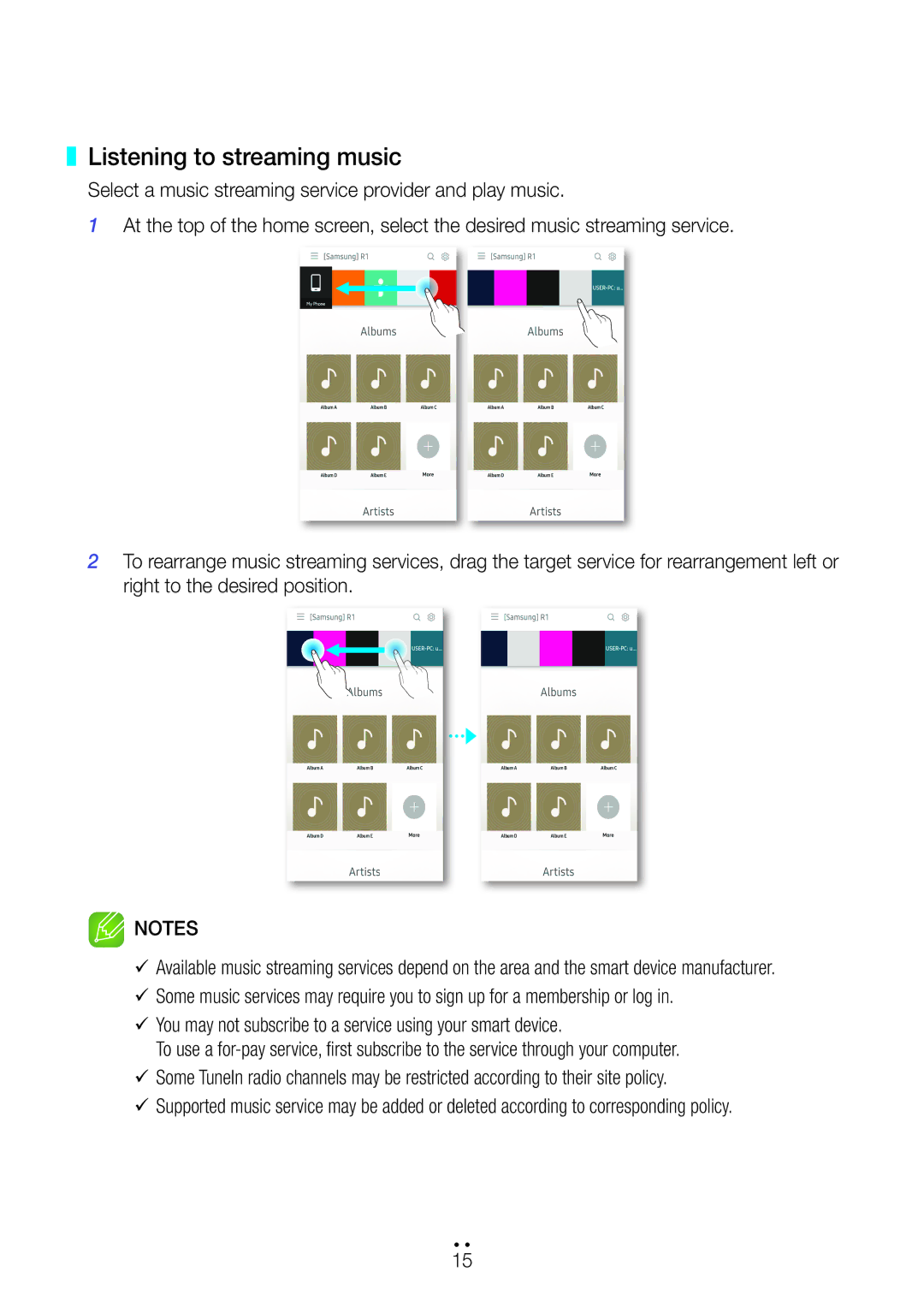 Samsung WAM3501/XE, WAM3500/EN Listening to streaming music, You may not subscribe to a service using your smart device 