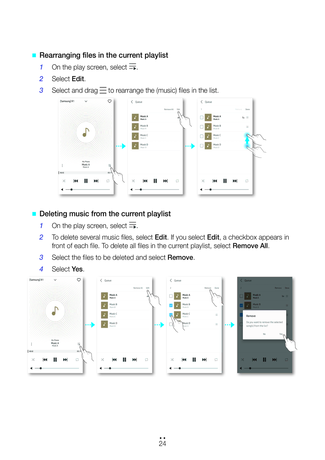 Samsung WAM1500/EN, WAM3500/EN @@ Rearranging files in the current playlist, @@ Deleting music from the current playlist 