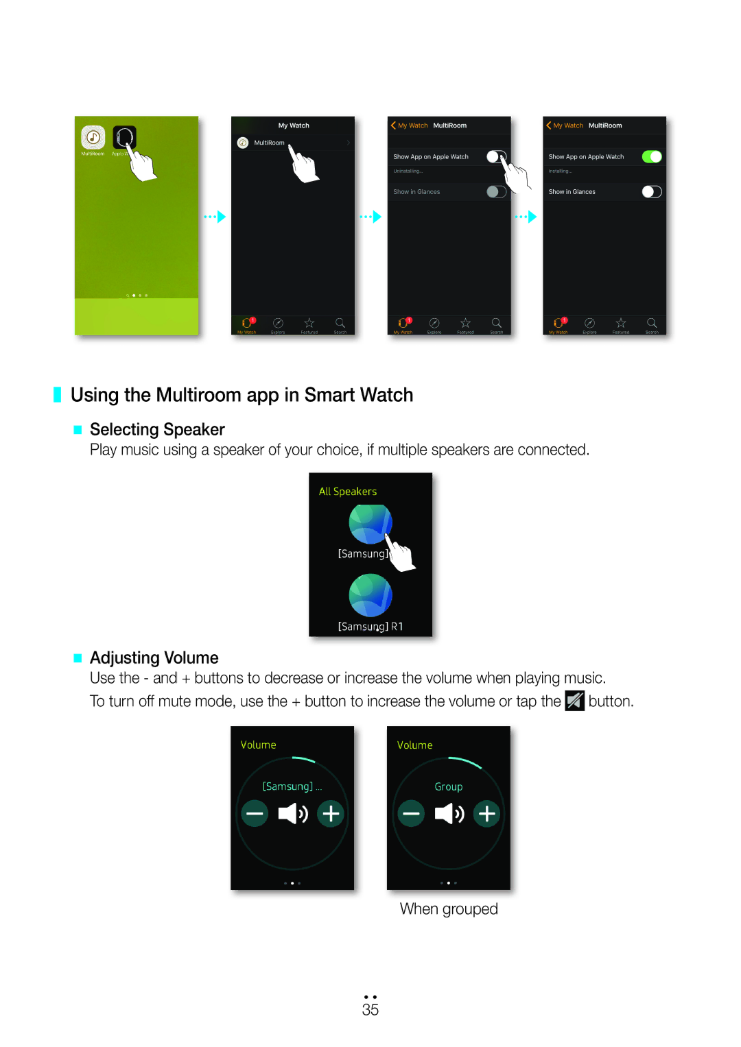 Samsung WAM3501/XN, WAM3500/EN manual Using the Multiroom app in Smart Watch, @@ Selecting Speaker, @@ Adjusting Volume 