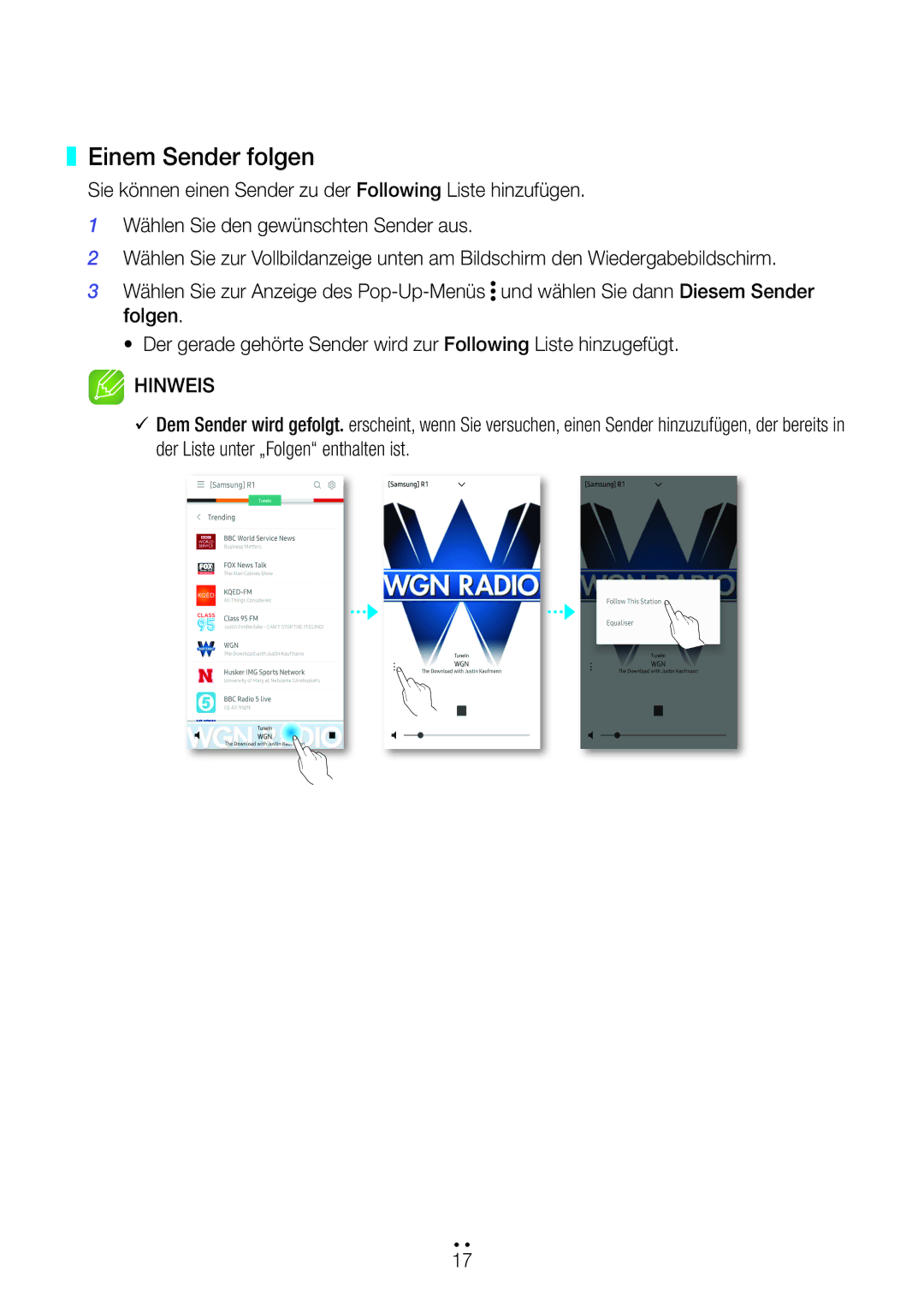 Samsung WAM1500/EN, WAM3500/EN, WAM1501/EN, WAM3501/EN, WAM5500/EN manual Einem Sender folgen 