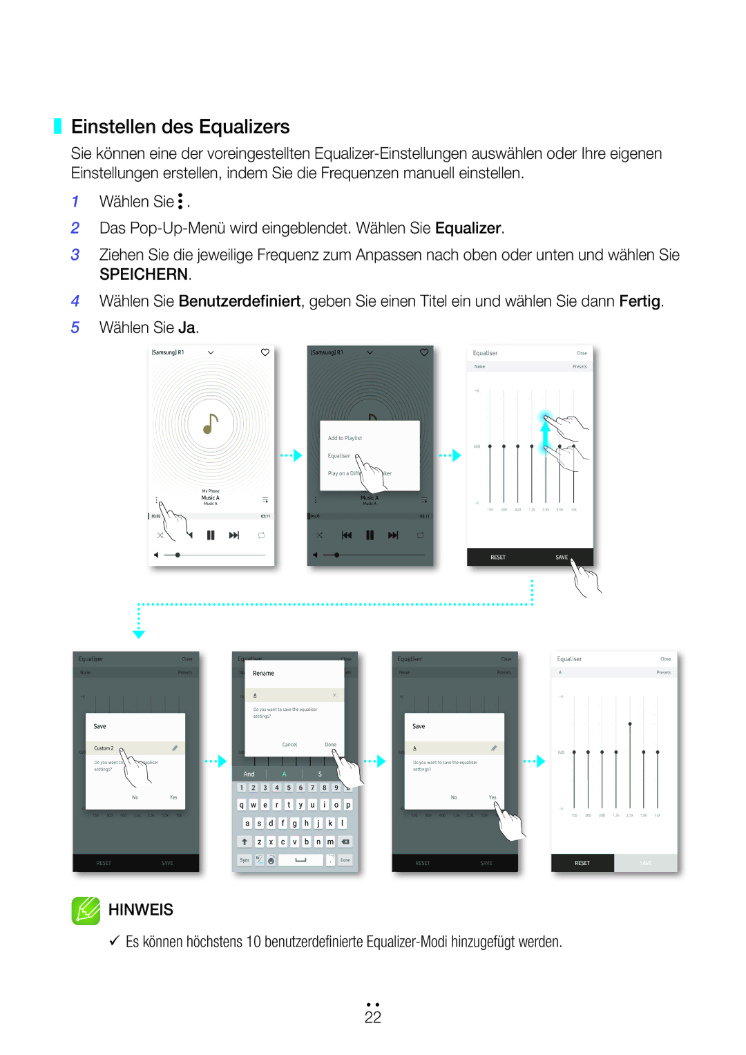 Samsung WAM1500/EN, WAM3500/EN, WAM1501/EN, WAM3501/EN, WAM5500/EN manual Einstellen des Equalizers, Speichern 