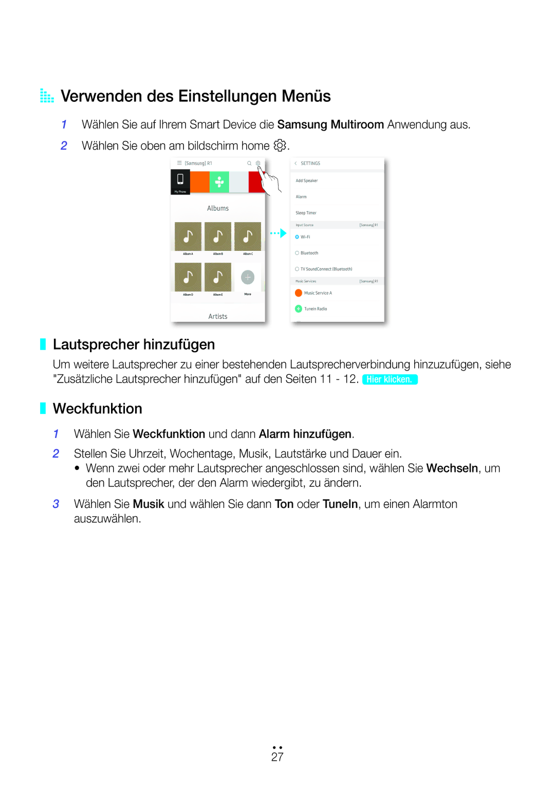 Samsung WAM1500/EN, WAM3500/EN, WAM1501/EN manual AA Verwenden des Einstellungen Menüs, Lautsprecher hinzufügen, Weckfunktion 