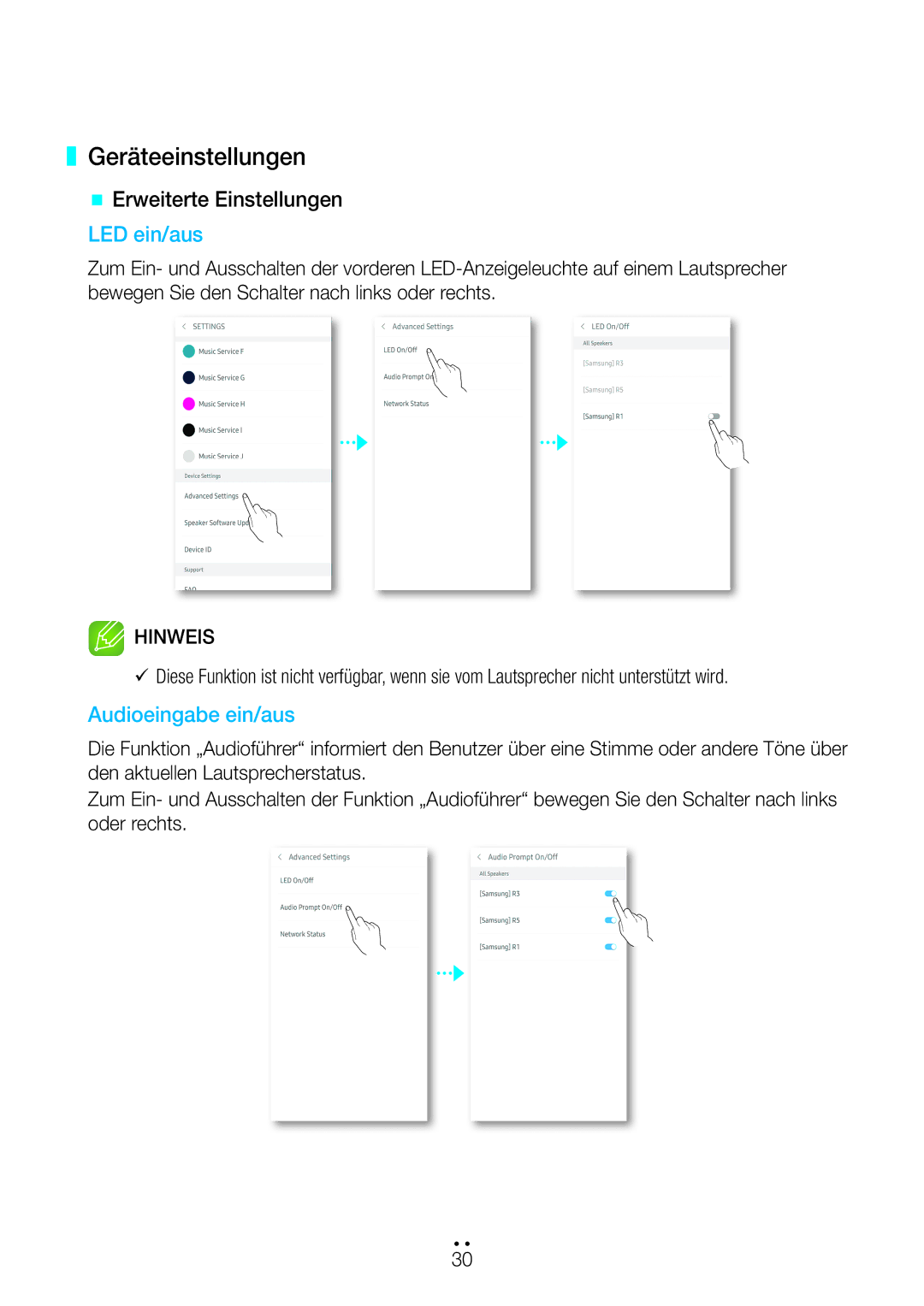 Samsung WAM3500/EN, WAM1501/EN, WAM1500/EN, WAM3501/EN manual Geräteeinstellungen, @@ Erweiterte Einstellungen LED ein/aus 