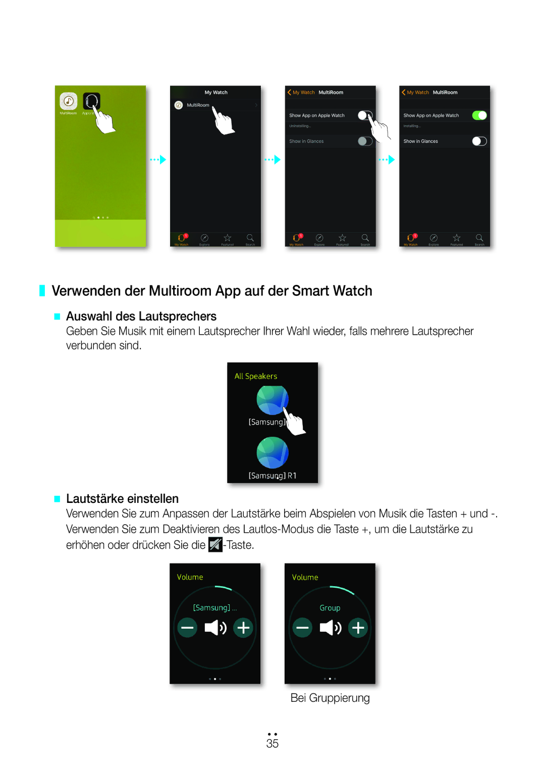 Samsung WAM3500/EN Verwenden der Multiroom App auf der Smart Watch, @@ Auswahl des Lautsprechers, @@ Lautstärke einstellen 