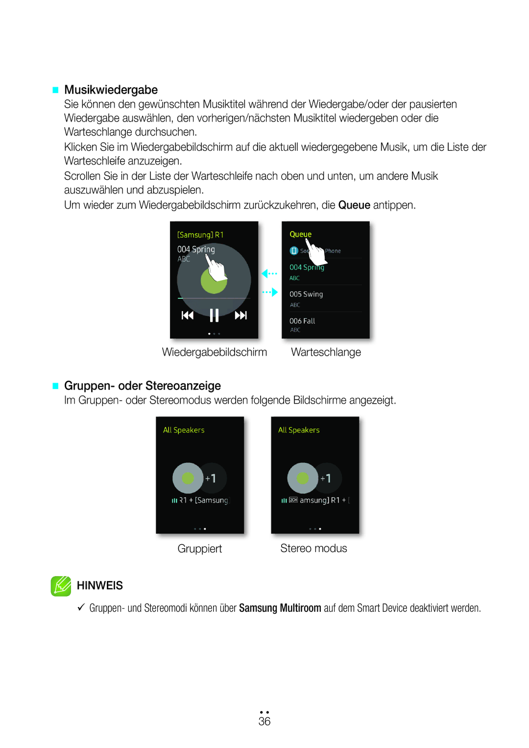 Samsung WAM1501/EN, WAM3500/EN, WAM1500/EN, WAM3501/EN, WAM5500/EN manual @@ Musikwiedergabe, @@ Gruppen- oder Stereoanzeige 