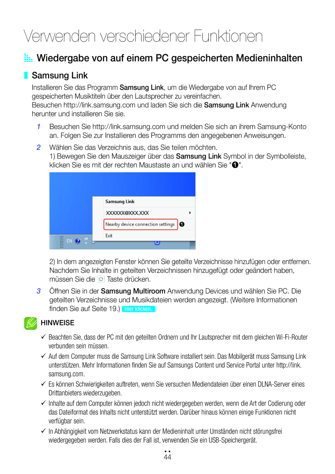 Samsung WAM5500/EN, WAM3500/EN, WAM1501/EN manual AA Wiedergabe von auf einem PC gespeicherten Medieninhalten, Samsung Link 