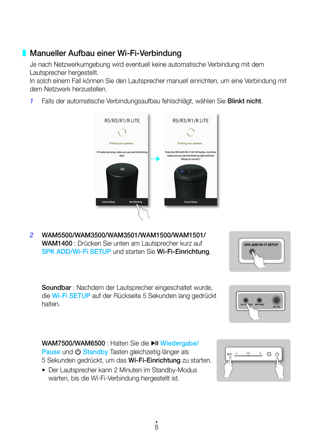 Samsung WAM3501/EN, WAM3500/EN, WAM1501/EN, WAM1500/EN, WAM5500/EN manual Manueller Aufbau einer Wi-Fi-Verbindung, Pause und 