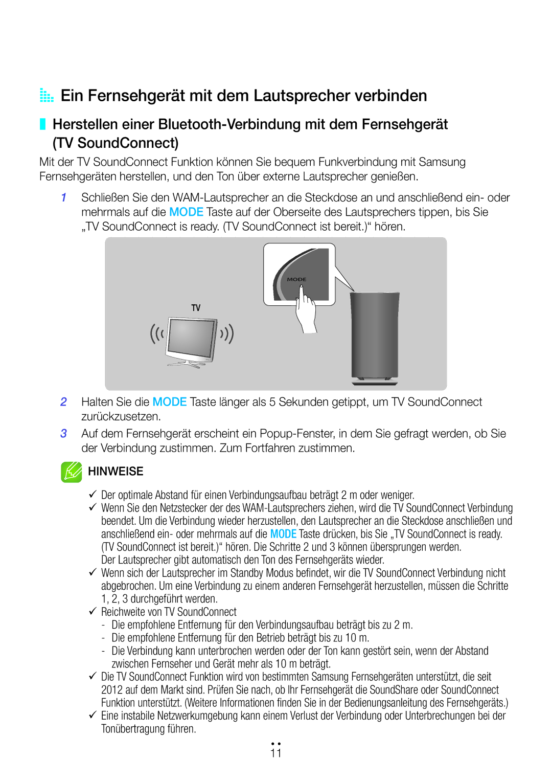 Samsung WAM1501/EN, WAM3500/EN manual AA Ein Fernsehgerät mit dem Lautsprecher verbinden, 99Reichweite von TV SoundConnect 