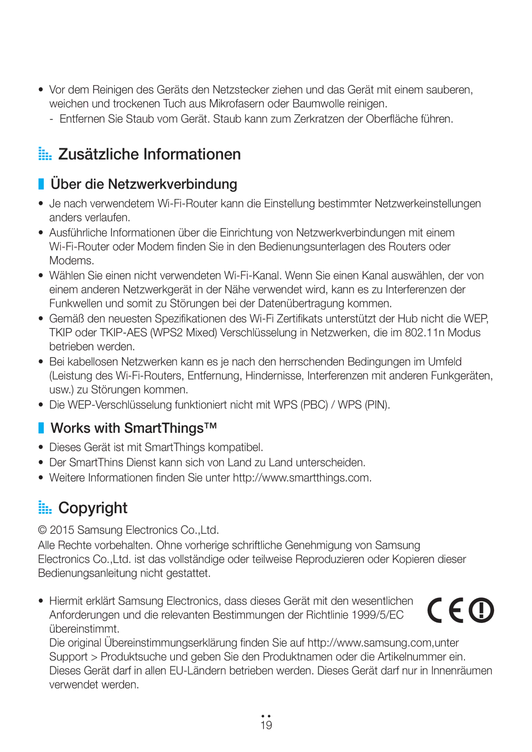 Samsung WAM5500/EN manual AA Zusätzliche Informationen, AA Copyright, Über die Netzwerkverbindung, Works with SmartThings 