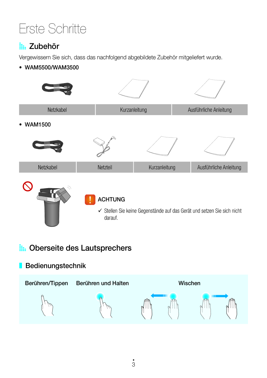 Samsung WAM3501/EN, WAM3500/EN, WAM1501/EN manual AA Zubehör, AA Oberseite des Lautsprechers, Bedienungstechnik, Achtung 