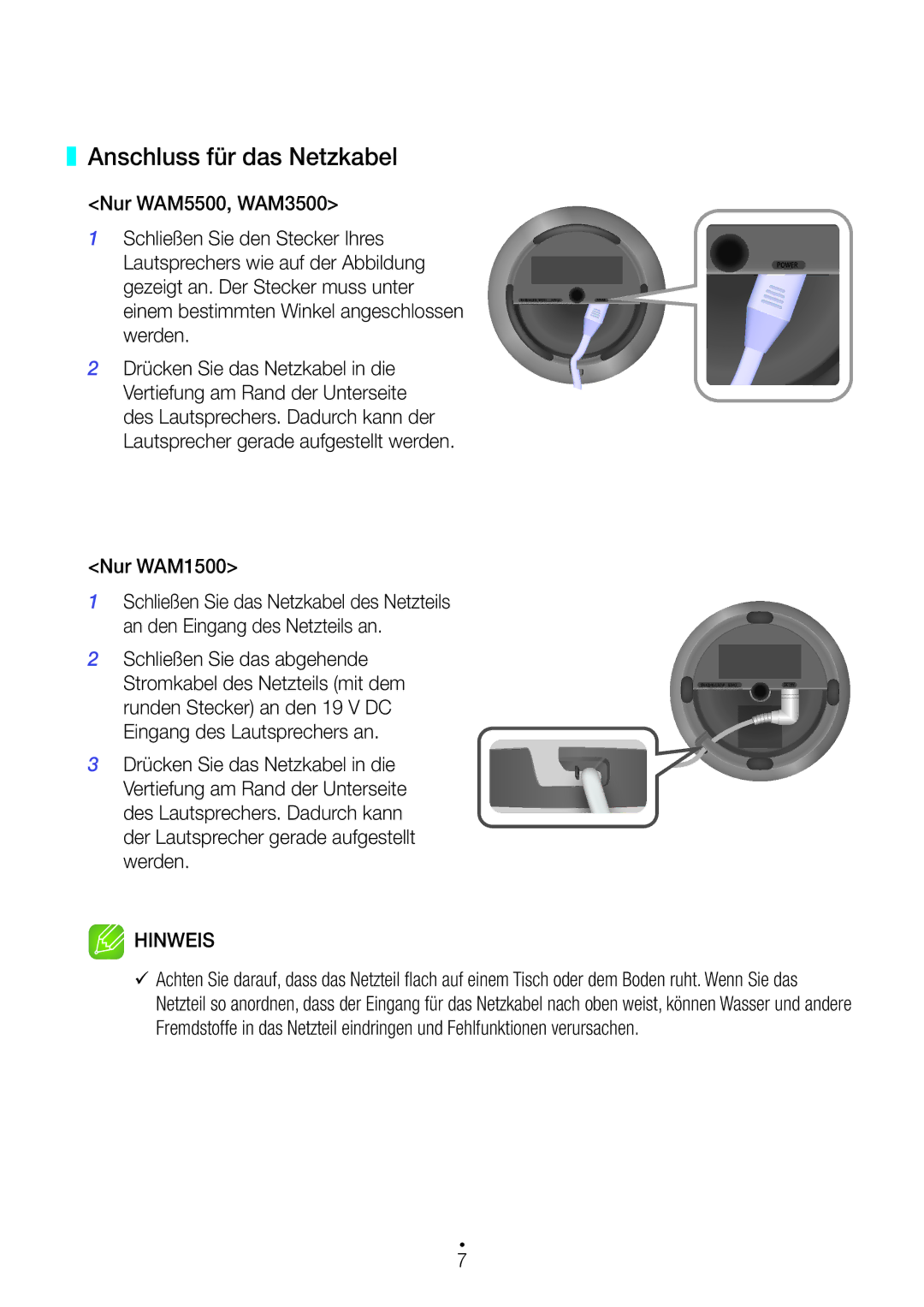 Samsung WAM1500/EN, WAM3500/EN, WAM1501/EN, WAM3501/EN, WAM5500/EN manual Anschluss für das Netzkabel, Nur WAM1500 