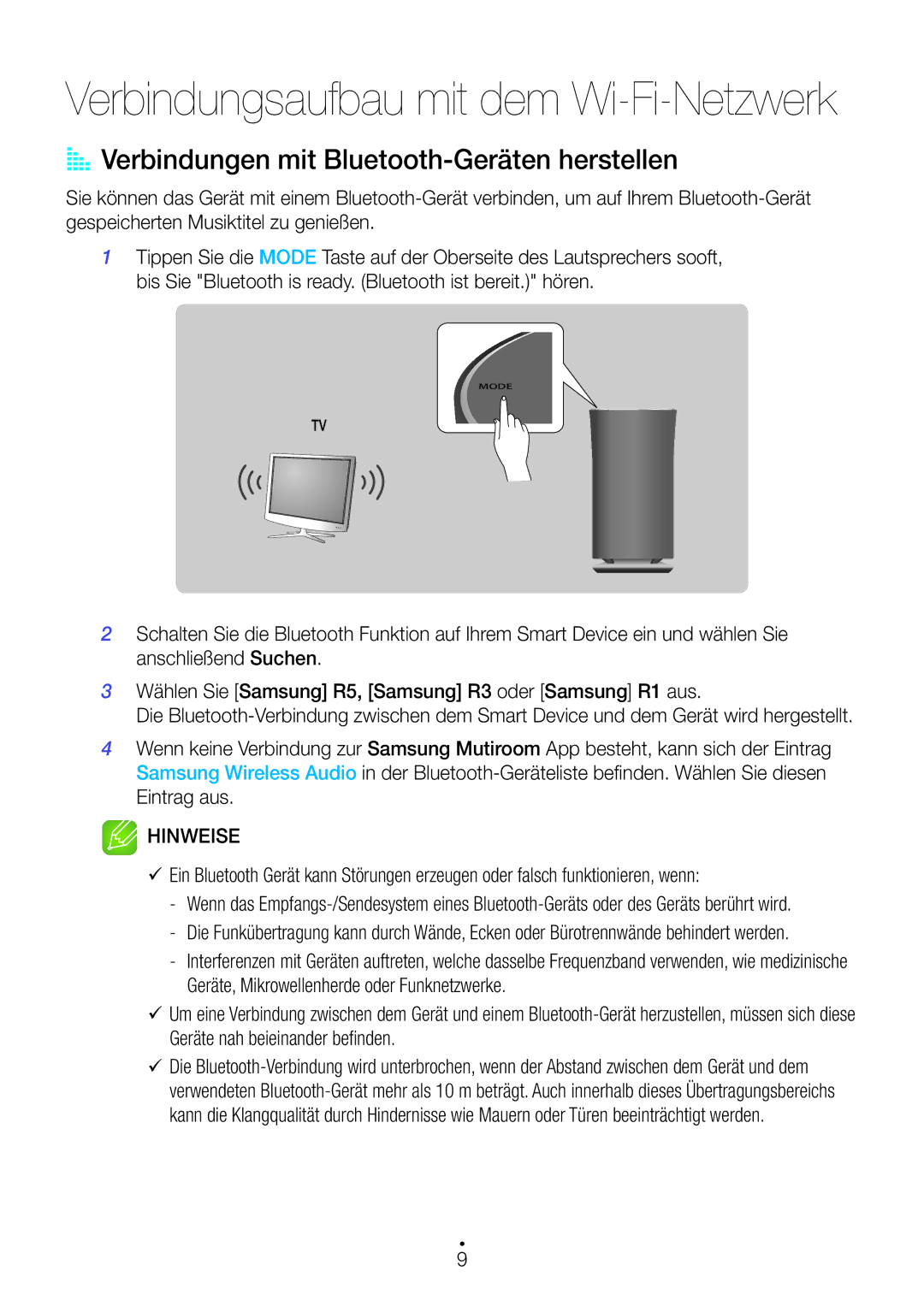 Samsung WAM5500/EN, WAM3500/EN Verbindungsaufbau mit dem Wi-Fi-Netzwerk, AA Verbindungen mit Bluetooth-Geräten herstellen 