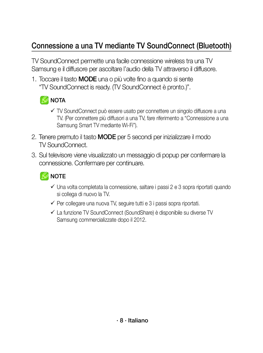 Samsung WAM3500/EN, WAM5500/EN, WAM3500/XN, WAM5500/XN manual Connessione a una TV mediante TV SoundConnect Bluetooth 