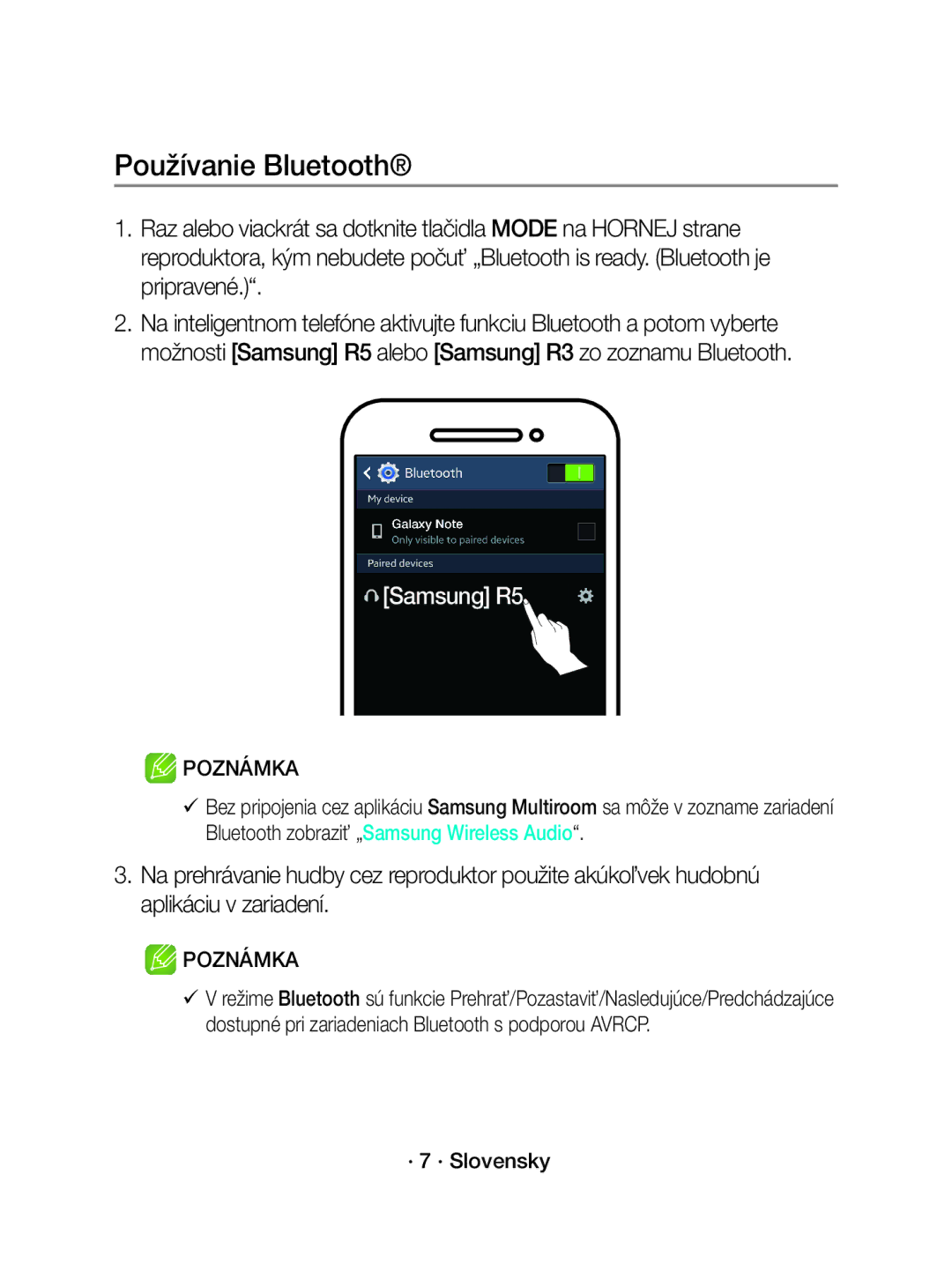 Samsung WAM5500/EN, WAM3500/EN, WAM3500/XN, WAM5500/XN manual Používanie Bluetooth, · 7 · Slovensky 