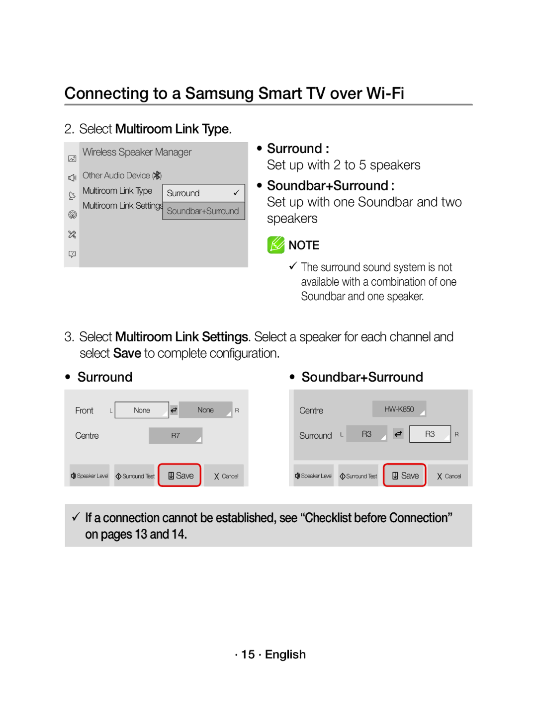 Samsung WAM3500/EN, WAM5500/EN, WAM3500/XN, WAM5500/XN manual Select Multiroom Link Type, Soundbar+Surround, · 15 · English 