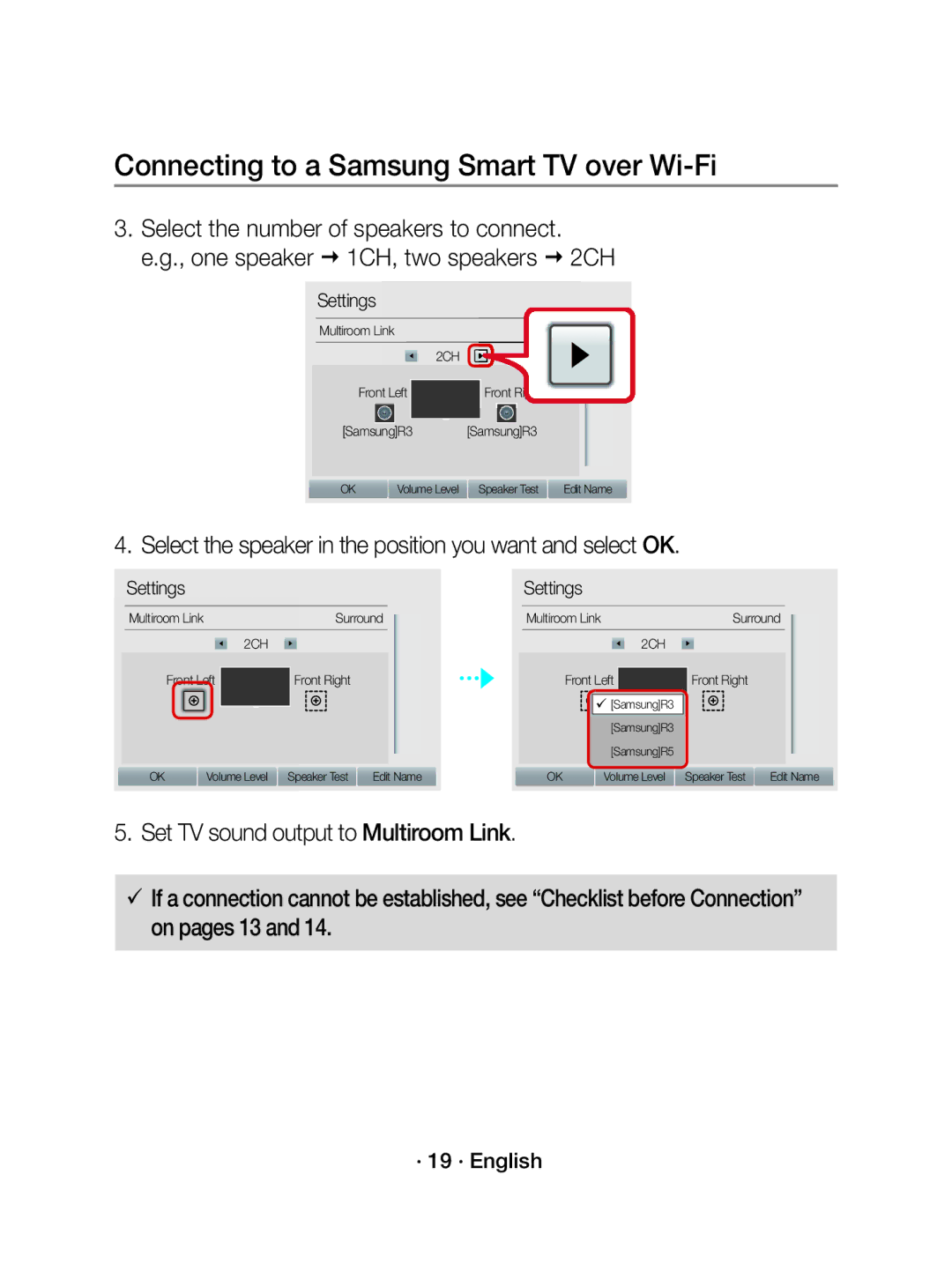 Samsung WAM3500/EN, WAM5500/EN, WAM3500/XN manual Select the speaker in the position you want and select OK, · 19 · English 