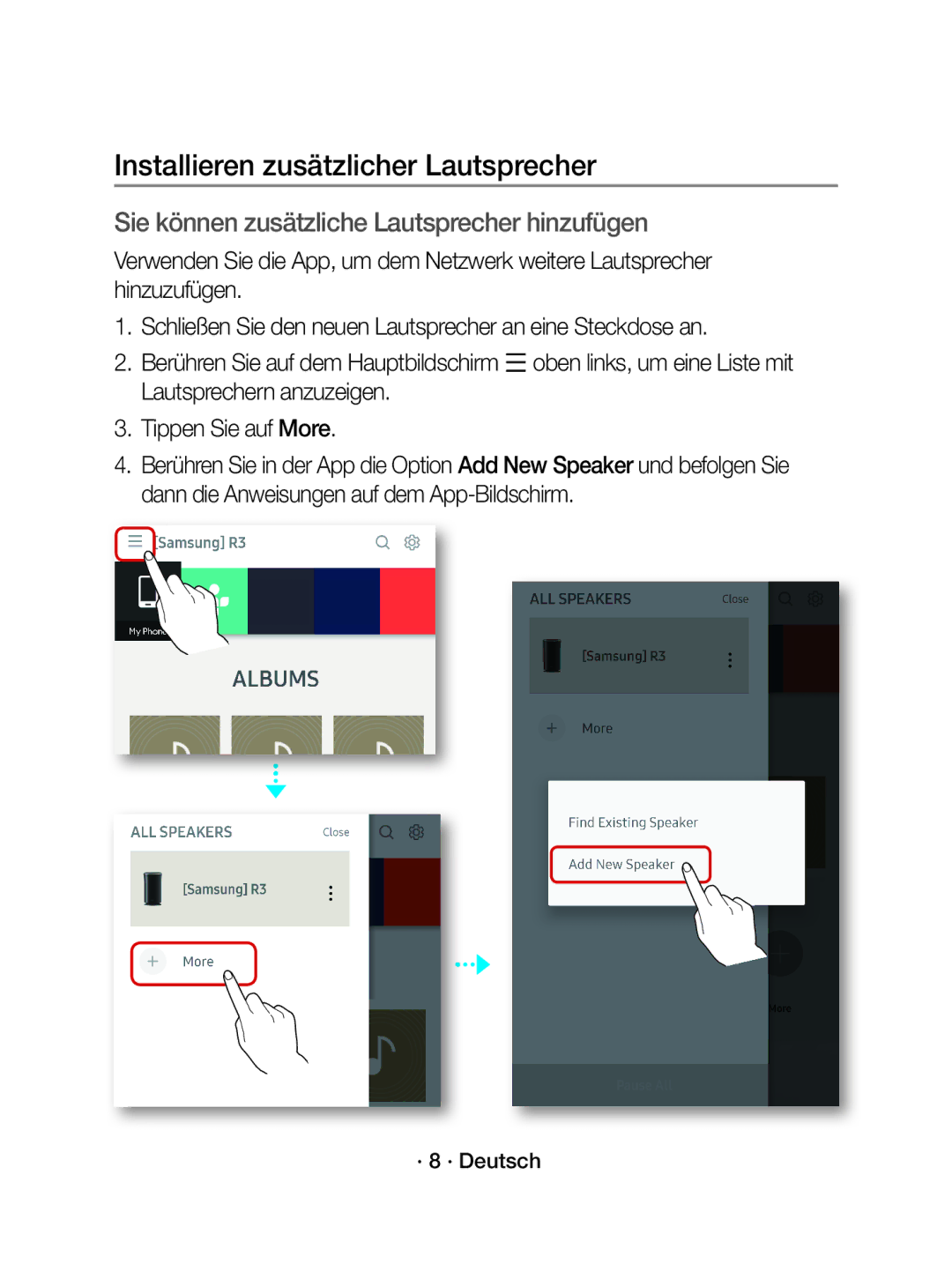 Samsung WAM3500/EN, WAM5500/EN manual Installieren zusätzlicher Lautsprecher, Sie können zusätzliche Lautsprecher hinzufügen 