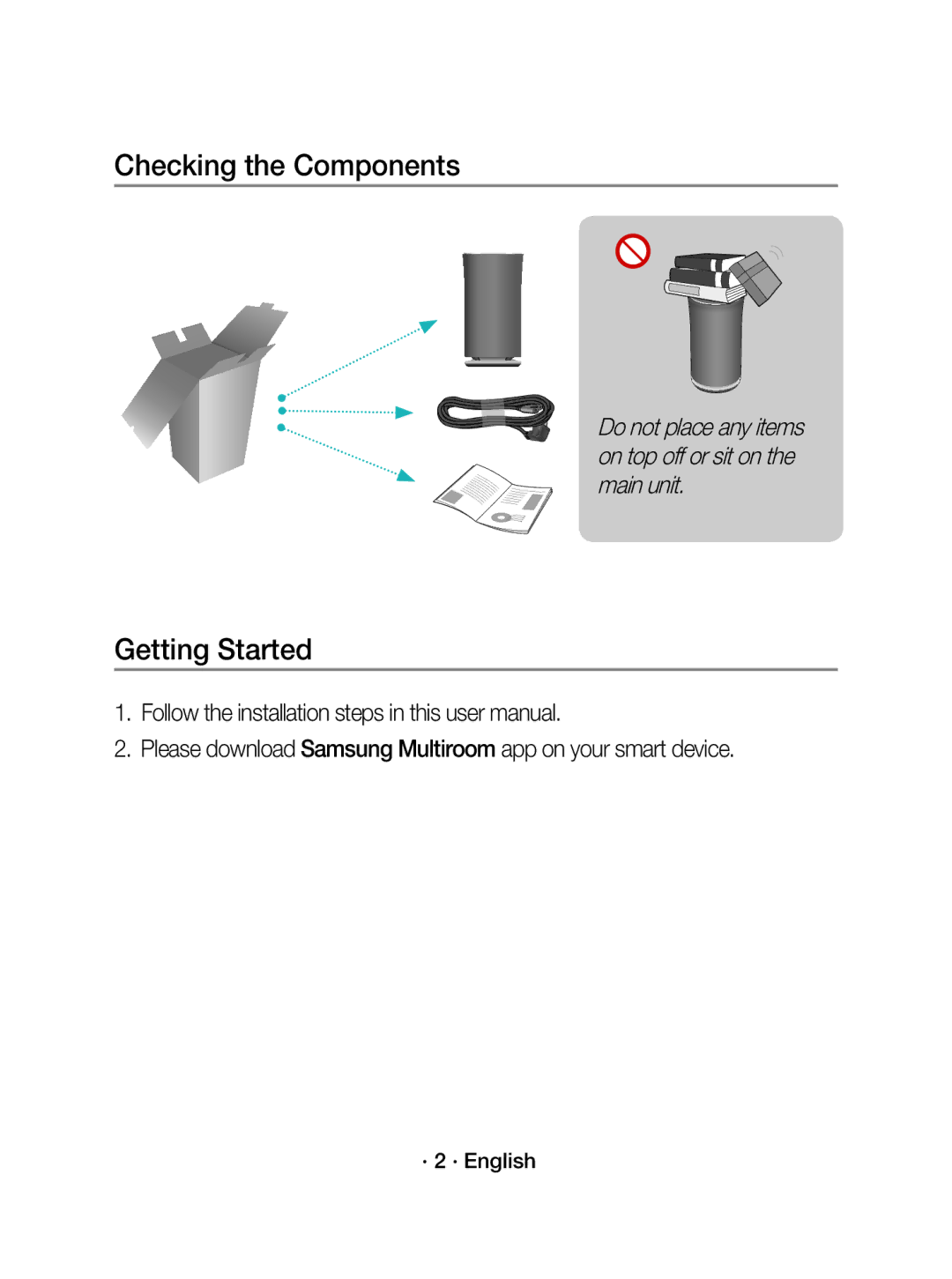 Samsung WAM5500/XN Checking the Components, Getting Started, Please download Samsung Multiroom app on your smart device 