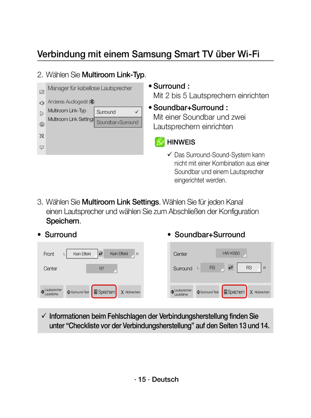 Samsung WAM5500/XN Wählen Sie Multiroom Link-Typ, Mit einer Soundbar und zwei Lautsprechern einrichten, · 15 · Deutsch 