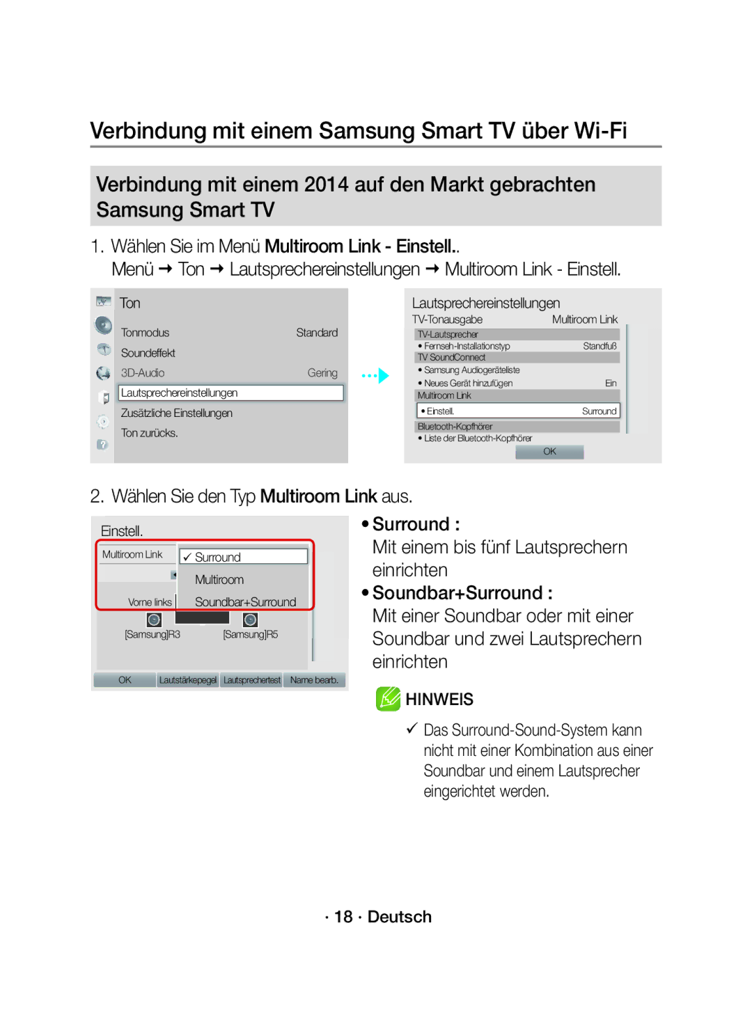 Samsung WAM3500/XN manual Wählen Sie im Menü Multiroom Link Einstell, Wählen Sie den Typ Multiroom Link aus, · 18 · Deutsch 