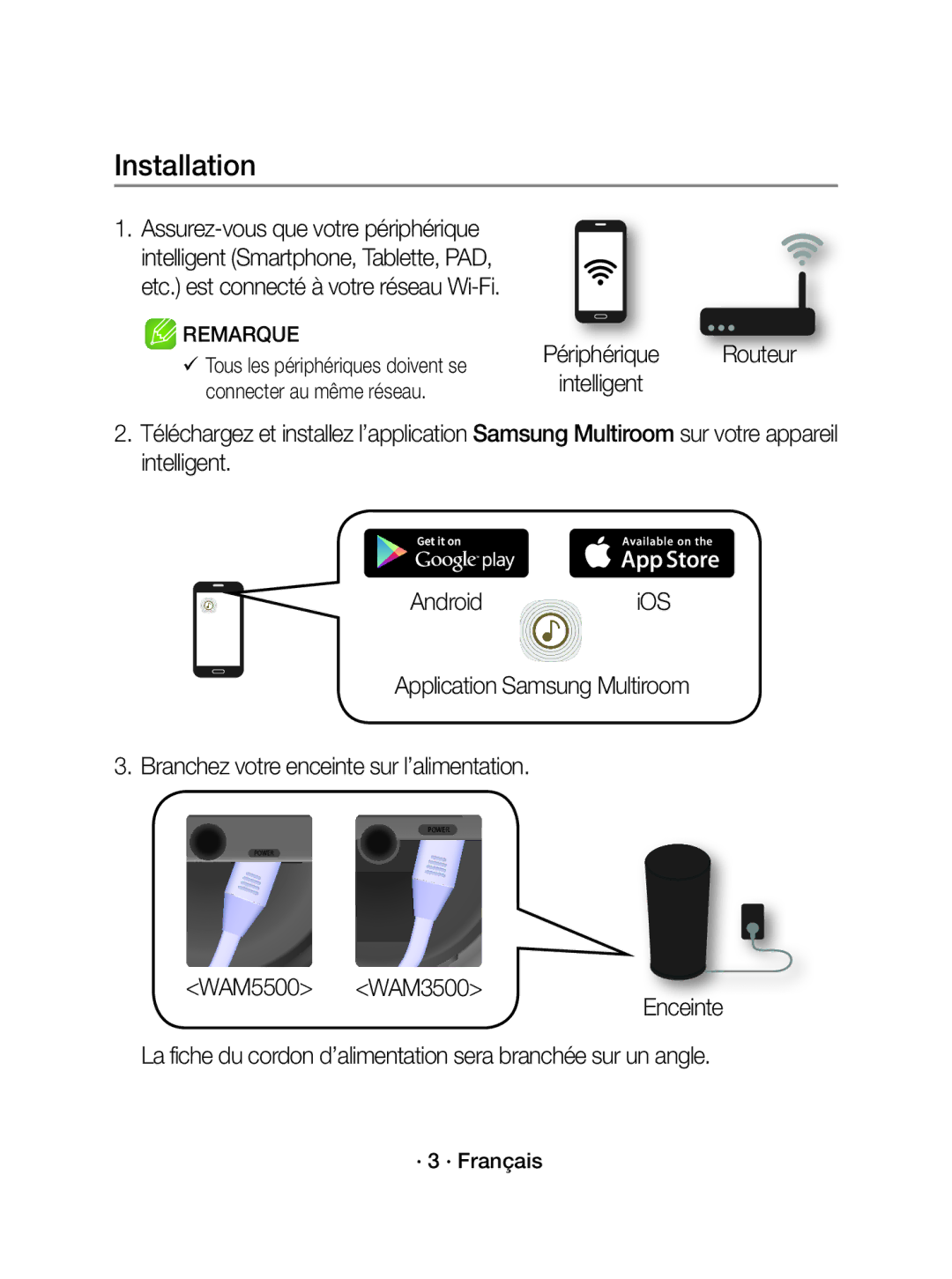 Samsung WAM5500/EN, WAM3500/EN, WAM3500/XN, WAM5500/XN manual Installation, · 3 · Français 